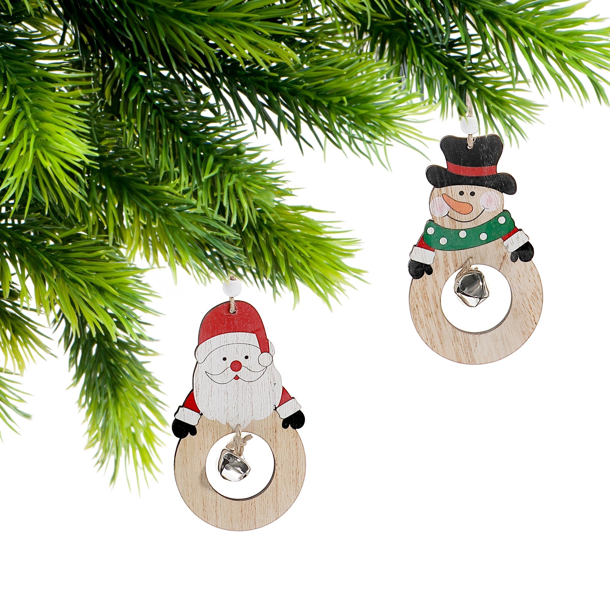 Wooden Round Christmas Ornaments with Bells, Assorted Holiday Tree Decorations, Rustic Festive Hanging Ornaments, Set of 12