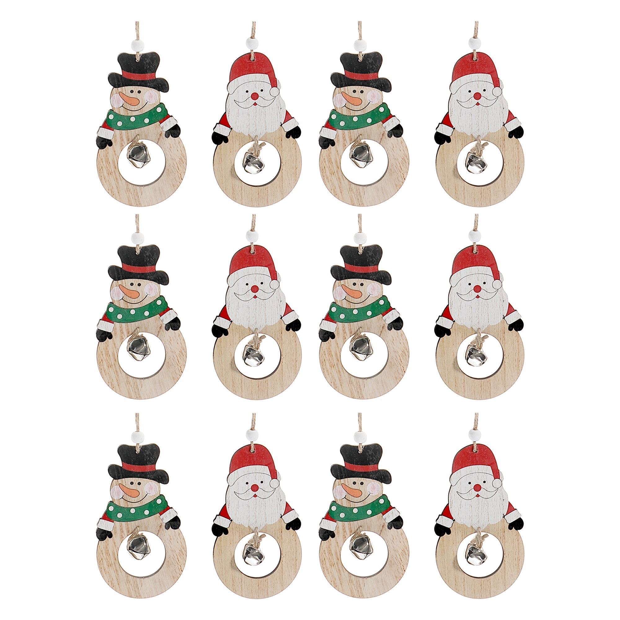 Wooden Round Christmas Ornaments with Bells, Assorted Holiday Tree Decorations, Rustic Festive Hanging Ornaments, Set of 12