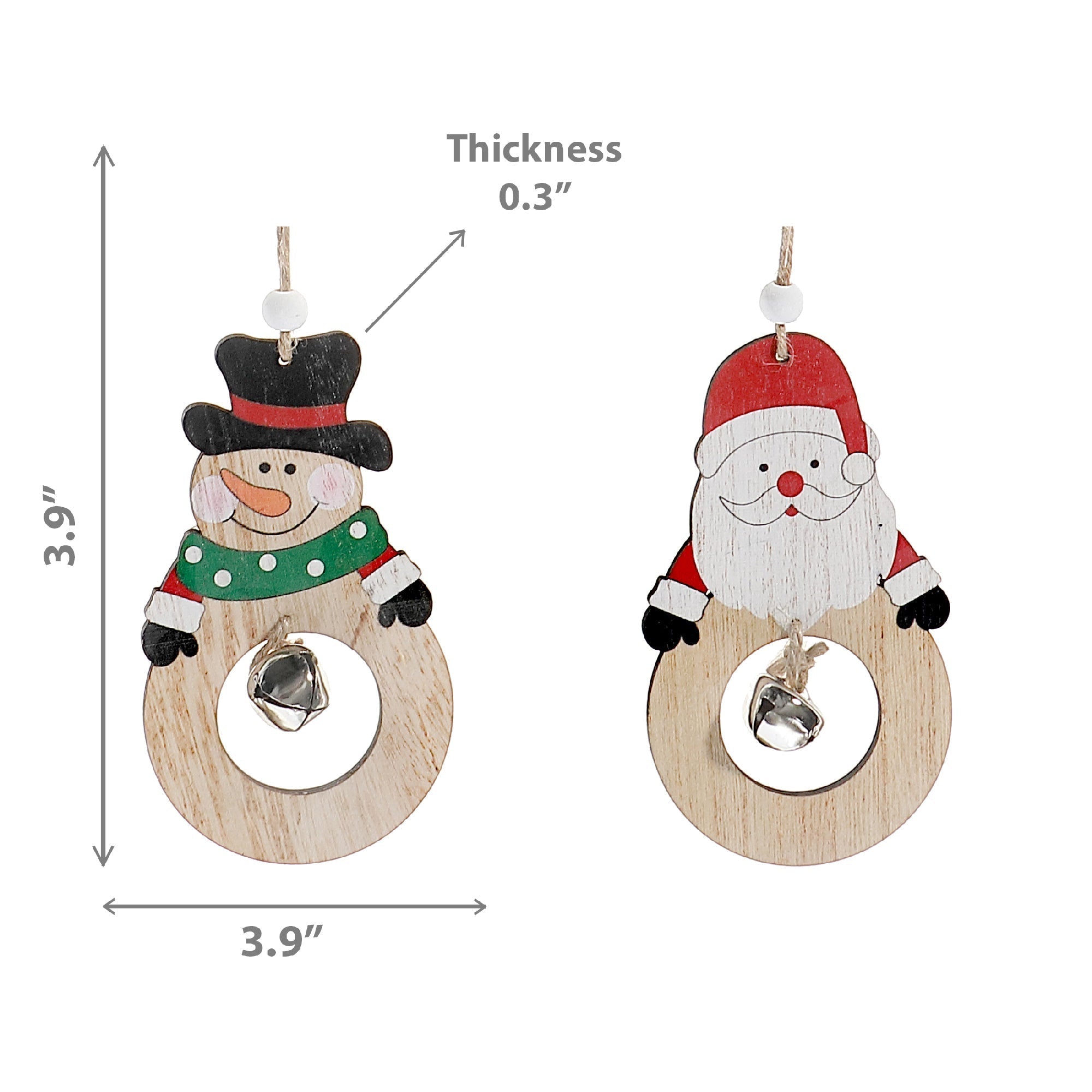 Wooden Round Christmas Ornaments with Bells, Assorted Holiday Tree Decorations, Rustic Festive Hanging Ornaments, Set of 12
