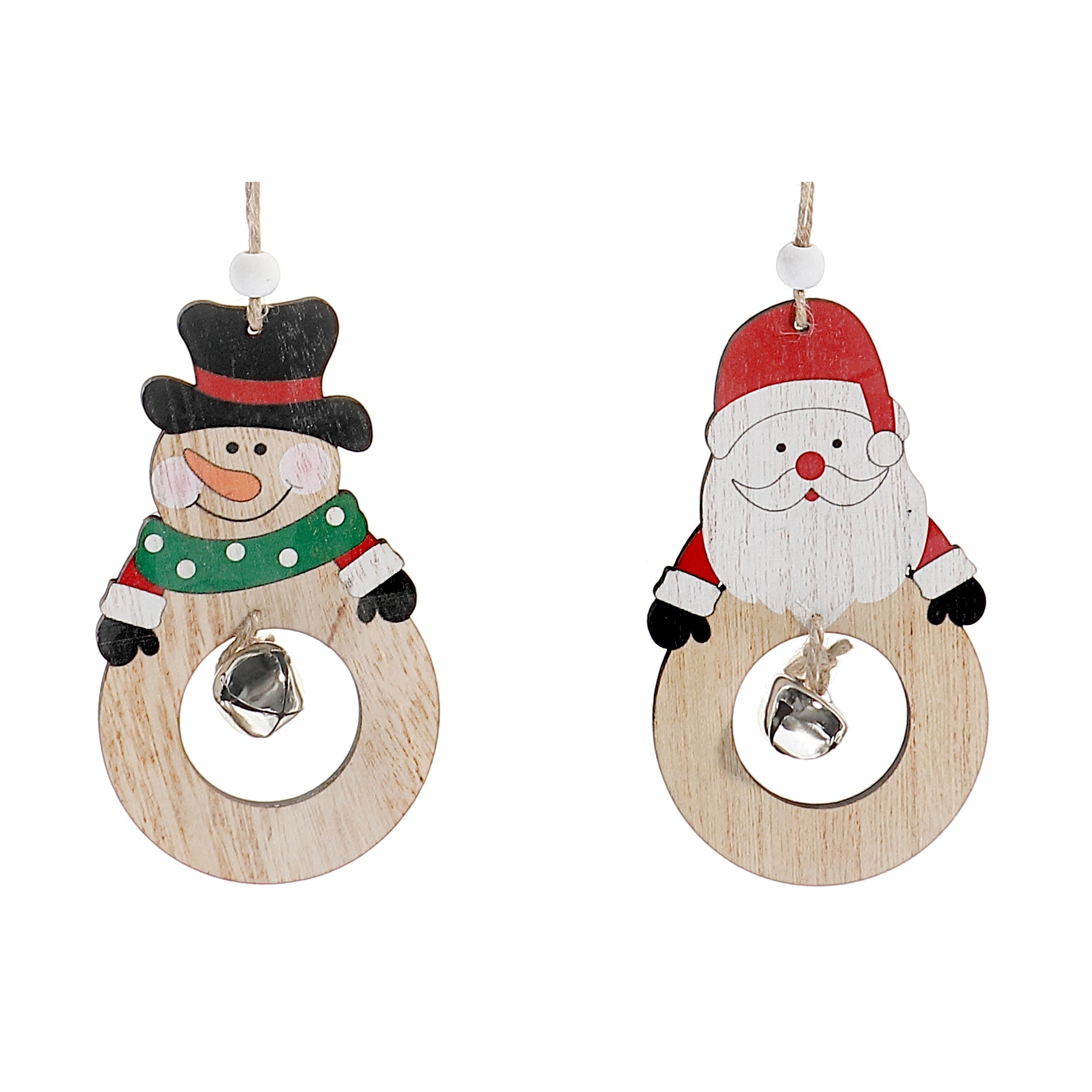 Wooden Round Christmas Ornaments with Bells, Assorted Holiday Tree Decorations, Rustic Festive Hanging Ornaments, Set of 12
