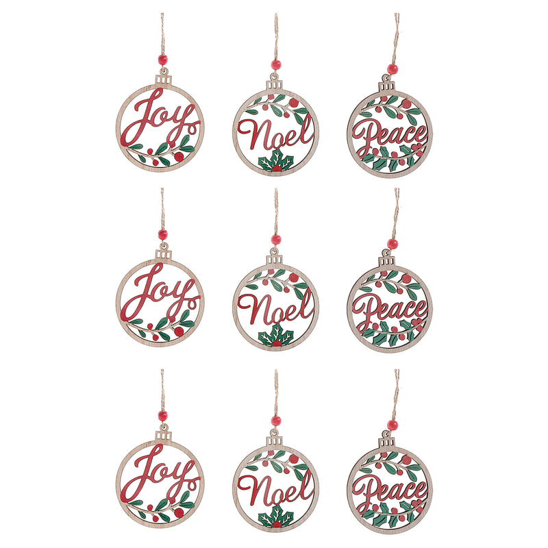 Wooden Round Ornament With Text (Asstd) - Set of 12