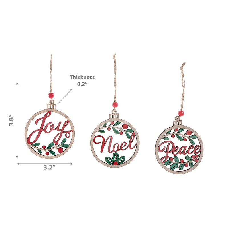 Wooden Round Ornament With Text (Asstd) - Set of 12