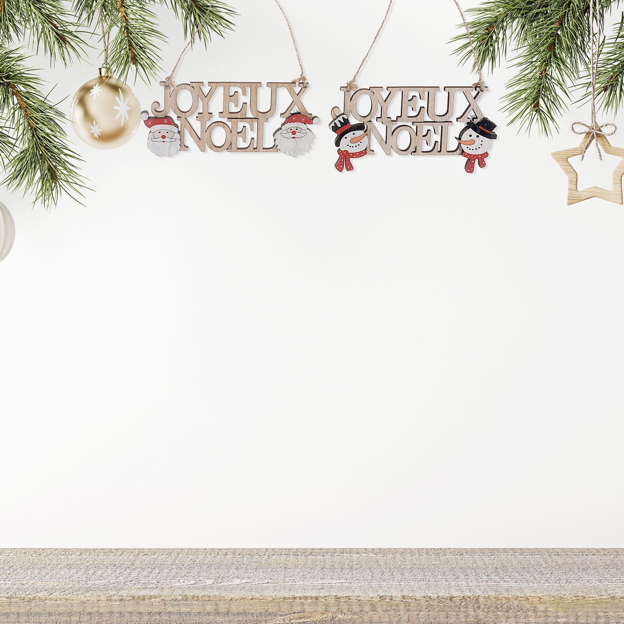 Wooden Joyeux Noel Wall Hanger Set of 12 – Christmas Wall Decor, Holiday Accent, Festive Winter Home Decoration