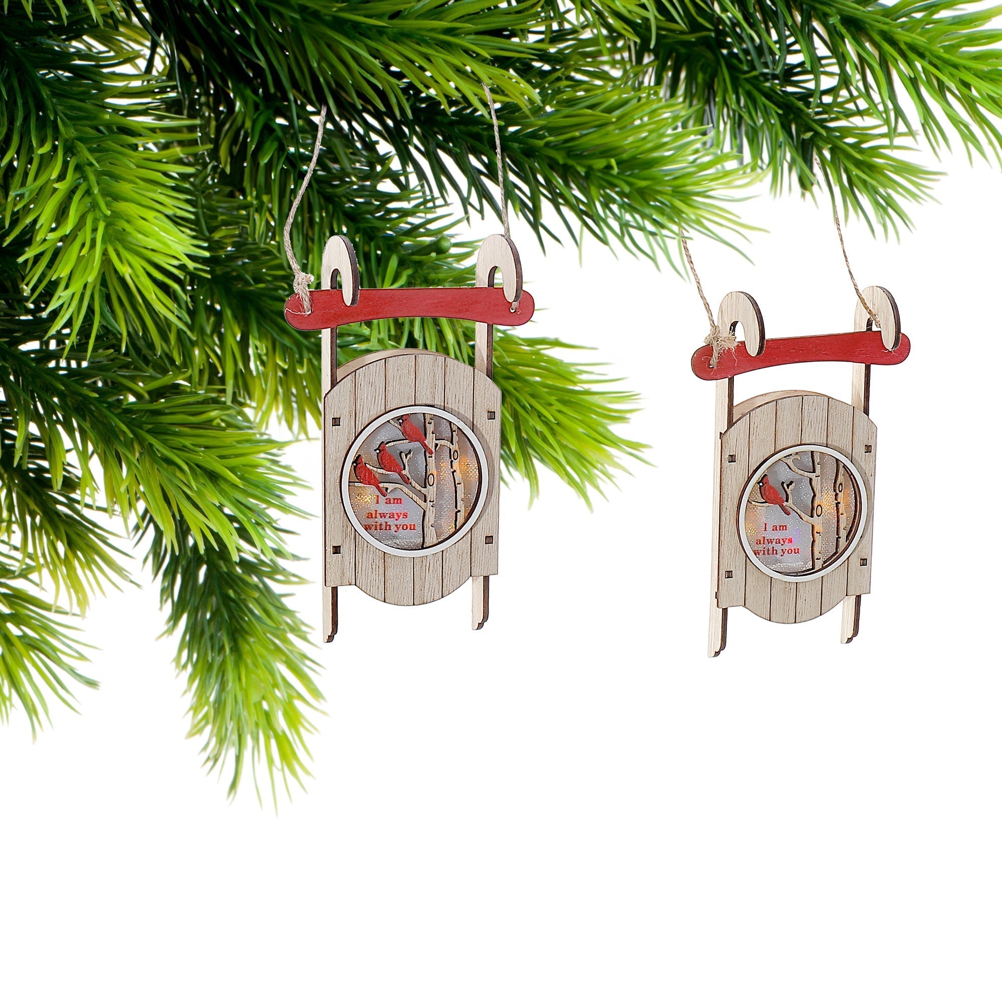 LED Wooden Sleigh with Cardinal Ornament Set of 6 – Christmas Tabletop Decoration, Holiday Home Accent, Festive Winter Decor