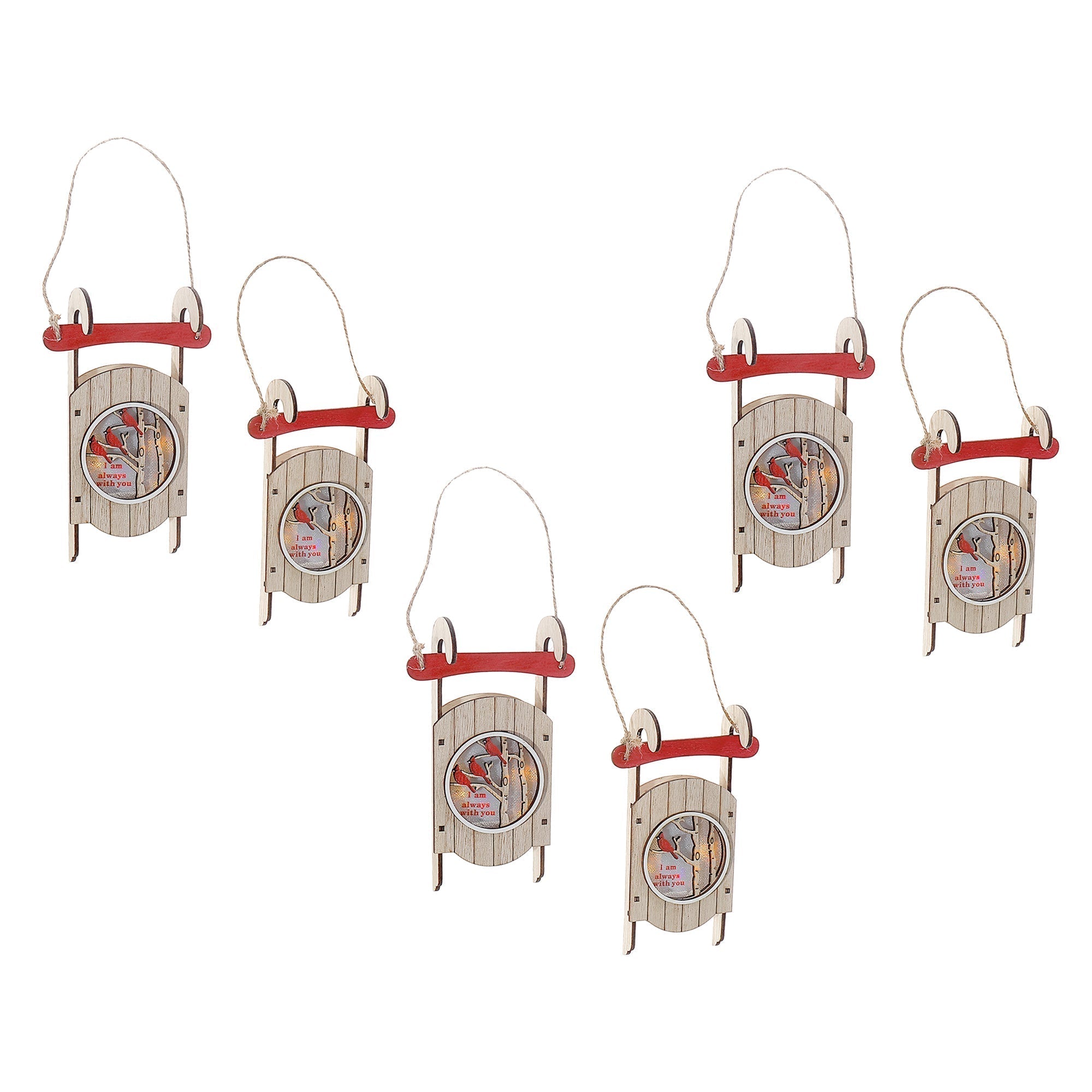 LED Wooden Sleigh with Cardinal Ornament Set of 6 – Christmas Tabletop Decoration, Holiday Home Accent, Festive Winter Decor