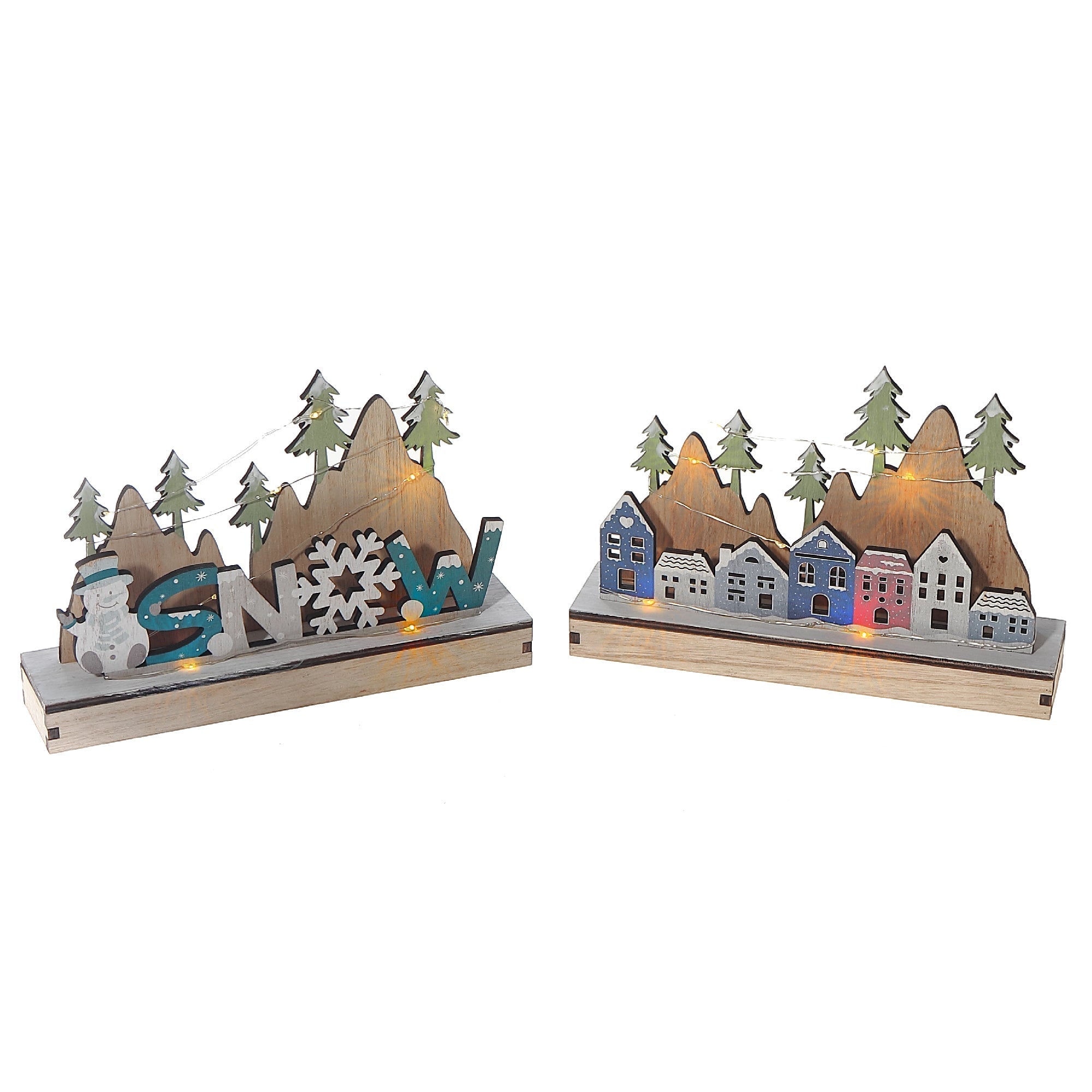 LED Wooden Winter Scenic Stand Set of 2 – Christmas Tabletop Decoration, Holiday Accent, Illuminated Winter Scene