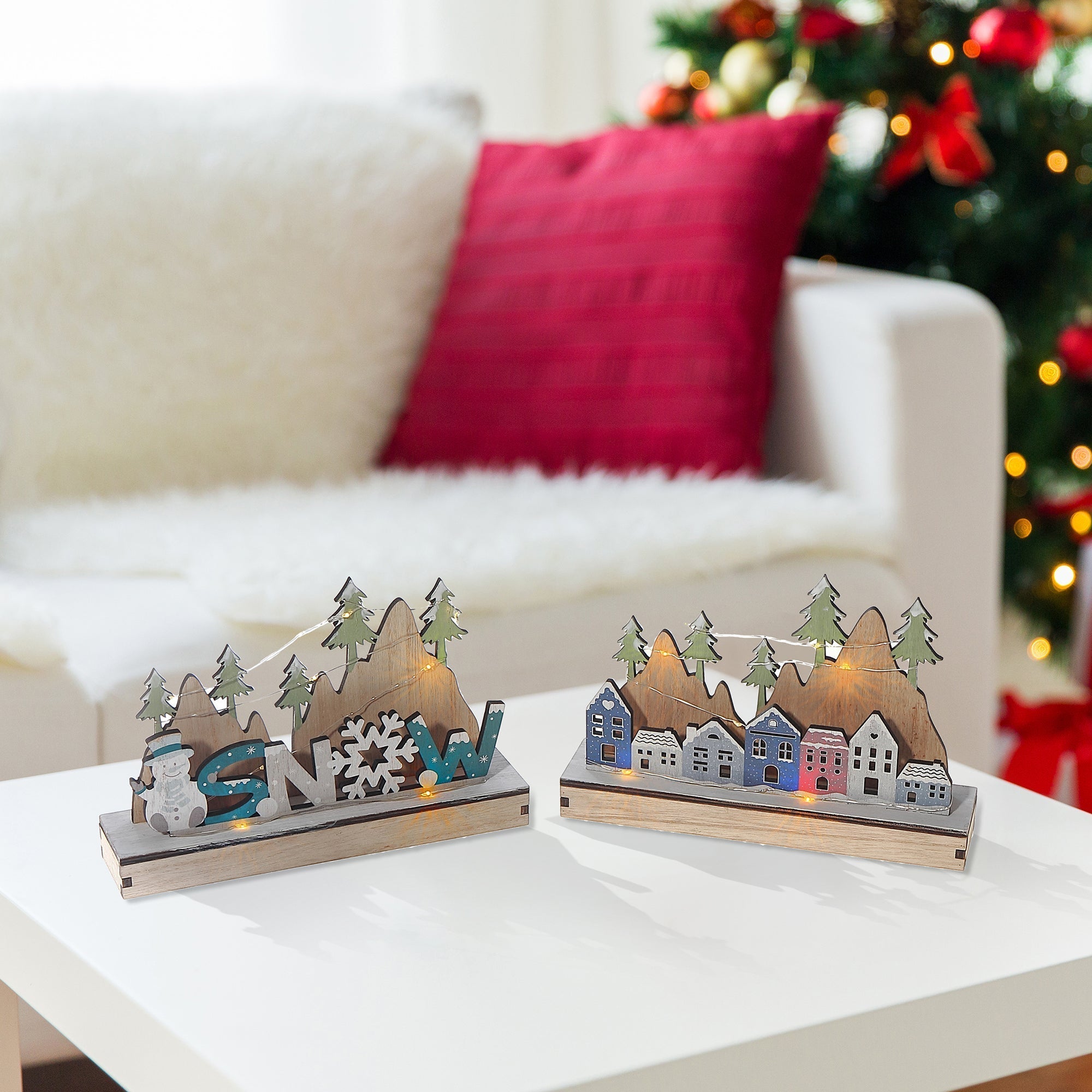 LED Wooden Winter Scenic Stand Set of 2 – Christmas Tabletop Decoration, Holiday Accent, Illuminated Winter Scene