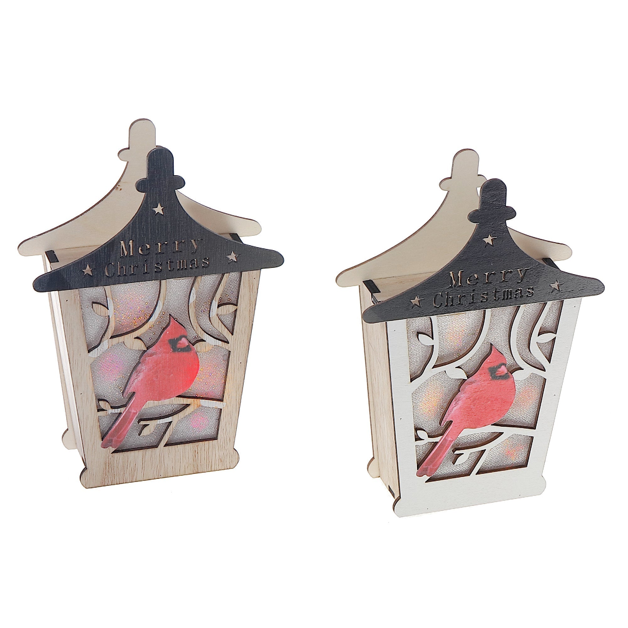 LED Wooden Cardinal Lantern Décor Set of 2 – Christmas Tabletop Decoration, Holiday Home Accent, Festive Winter Bird Decor