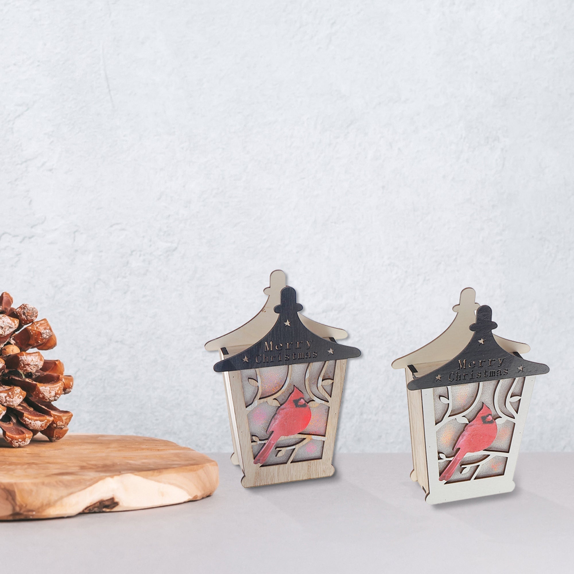 LED Wooden Cardinal Lantern Décor Set of 2 – Christmas Tabletop Decoration, Holiday Home Accent, Festive Winter Bird Decor
