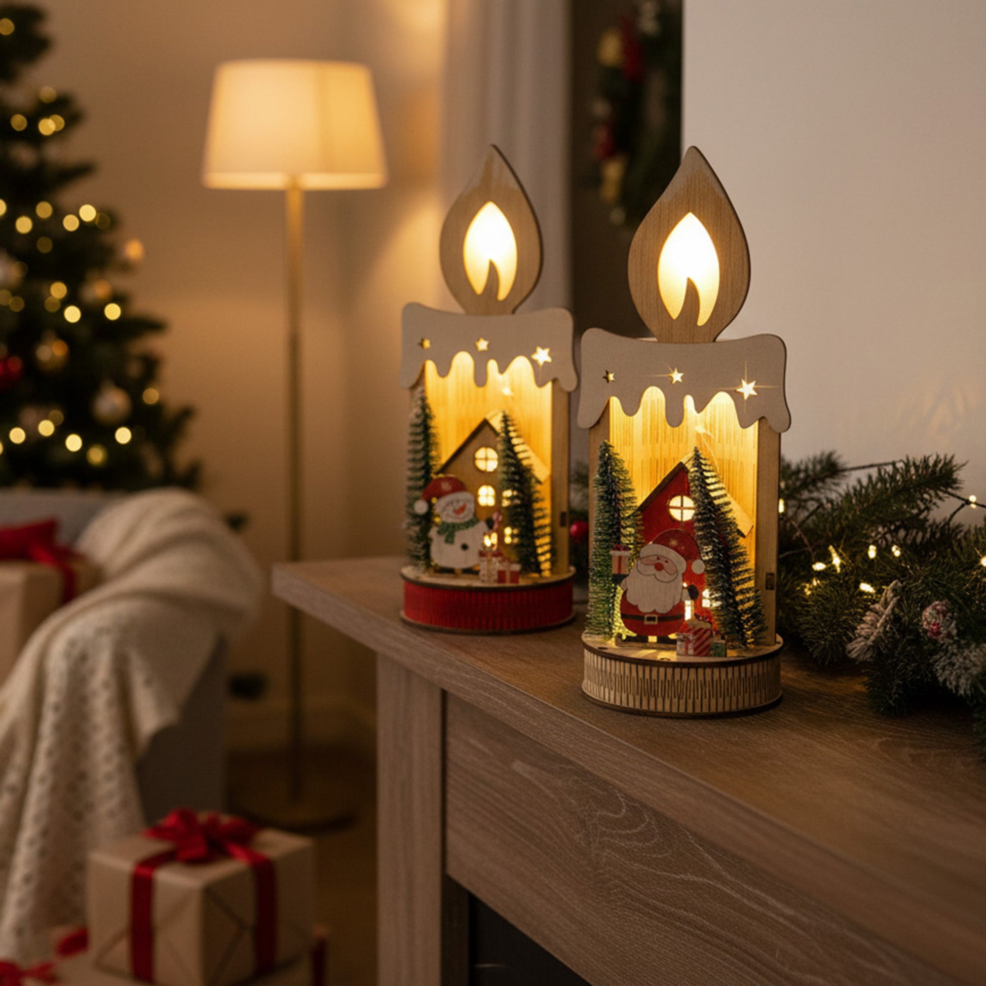 LED Wooden Candle Decor Santa / Snowman Assorted, Christmas, Holiday Decor- Set of 2