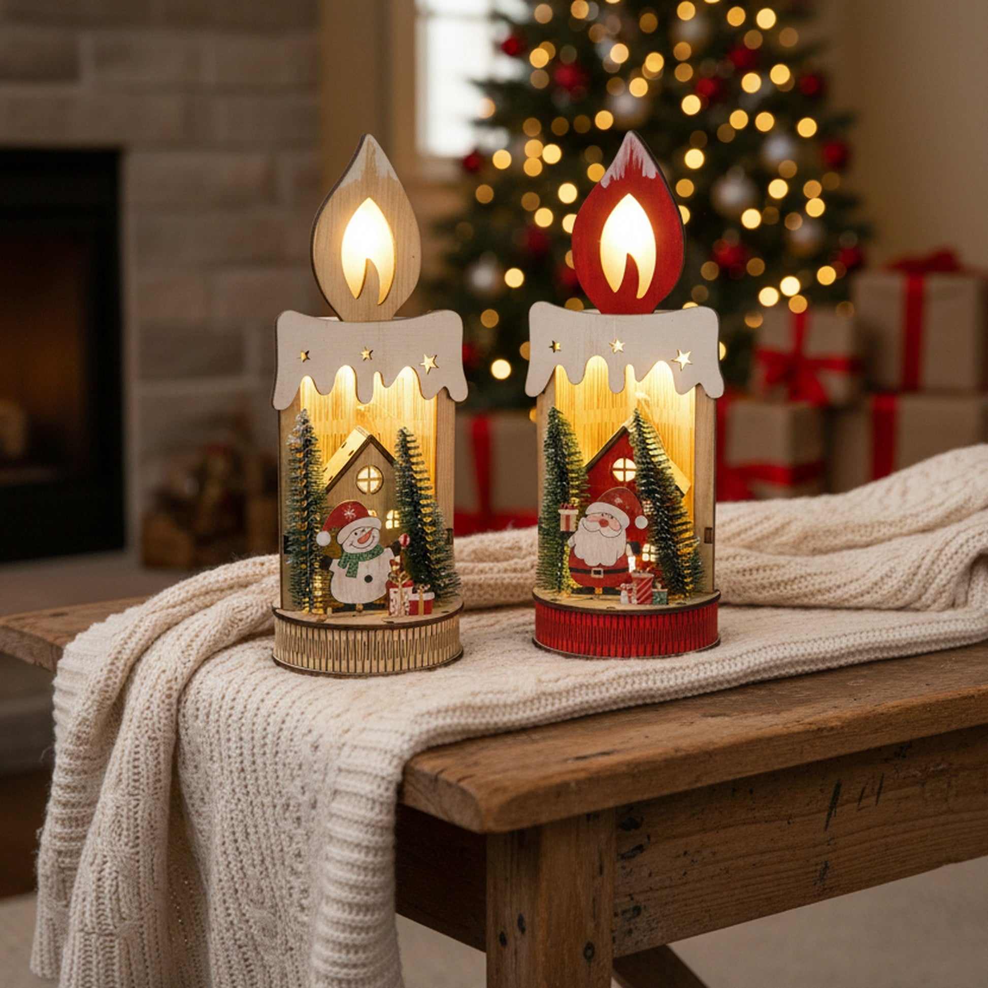 LED Wooden Candle Decor Santa / Snowman Assorted, Christmas, Holiday Decor- Set of 2