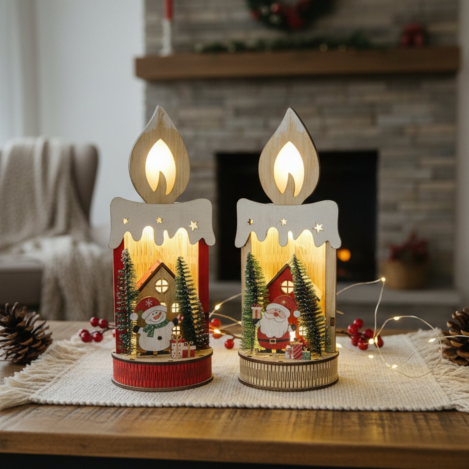 LED Wooden Candle Decor Santa / Snowman Assorted, Christmas, Holiday Decor- Set of 2