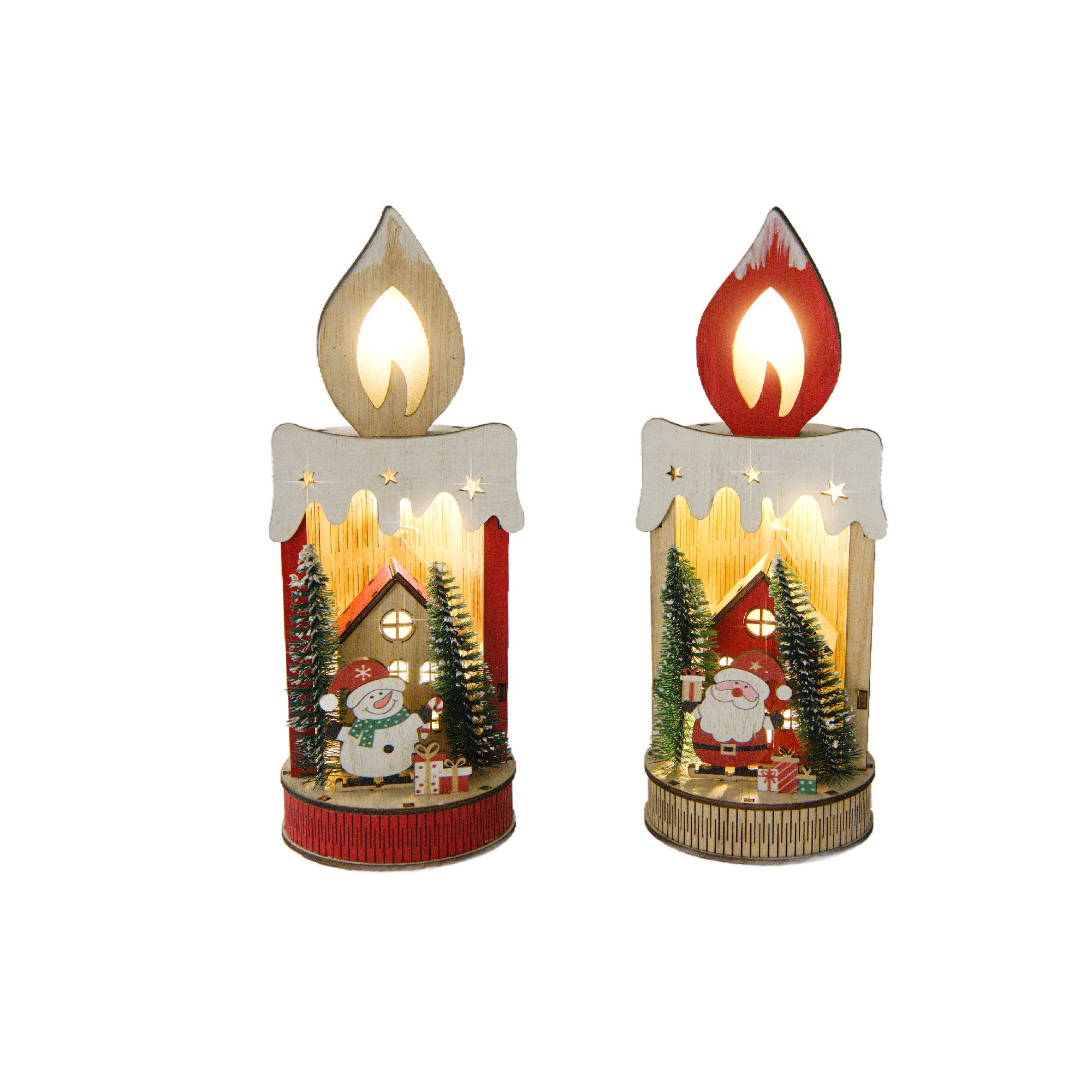 LED Wooden Candle Decor Santa / Snowman Assorted, Christmas, Holiday Decor- Set of 2