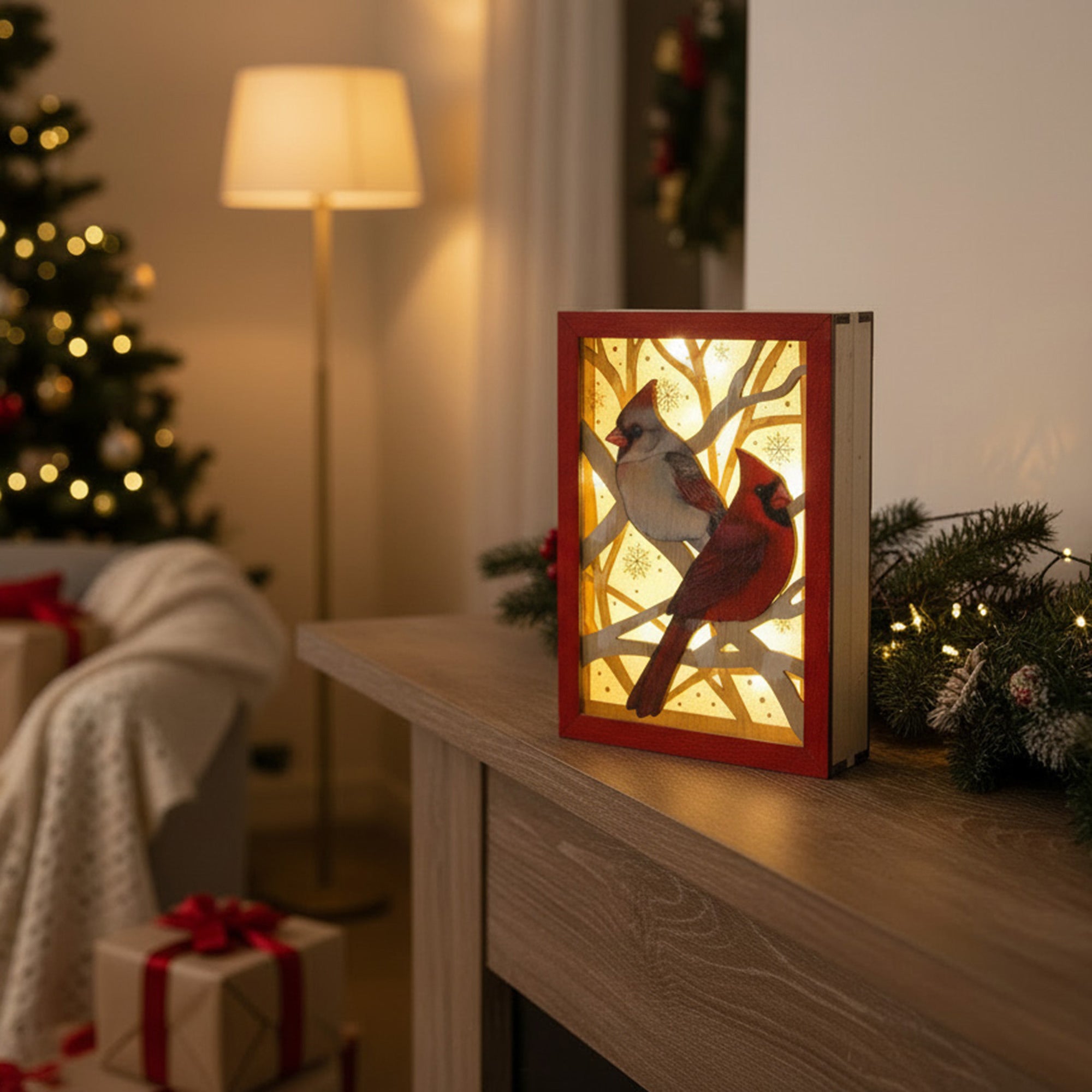 LED Wooden Rectangular Framed Table Decor Cardinal, Christmas, Holiday Decor