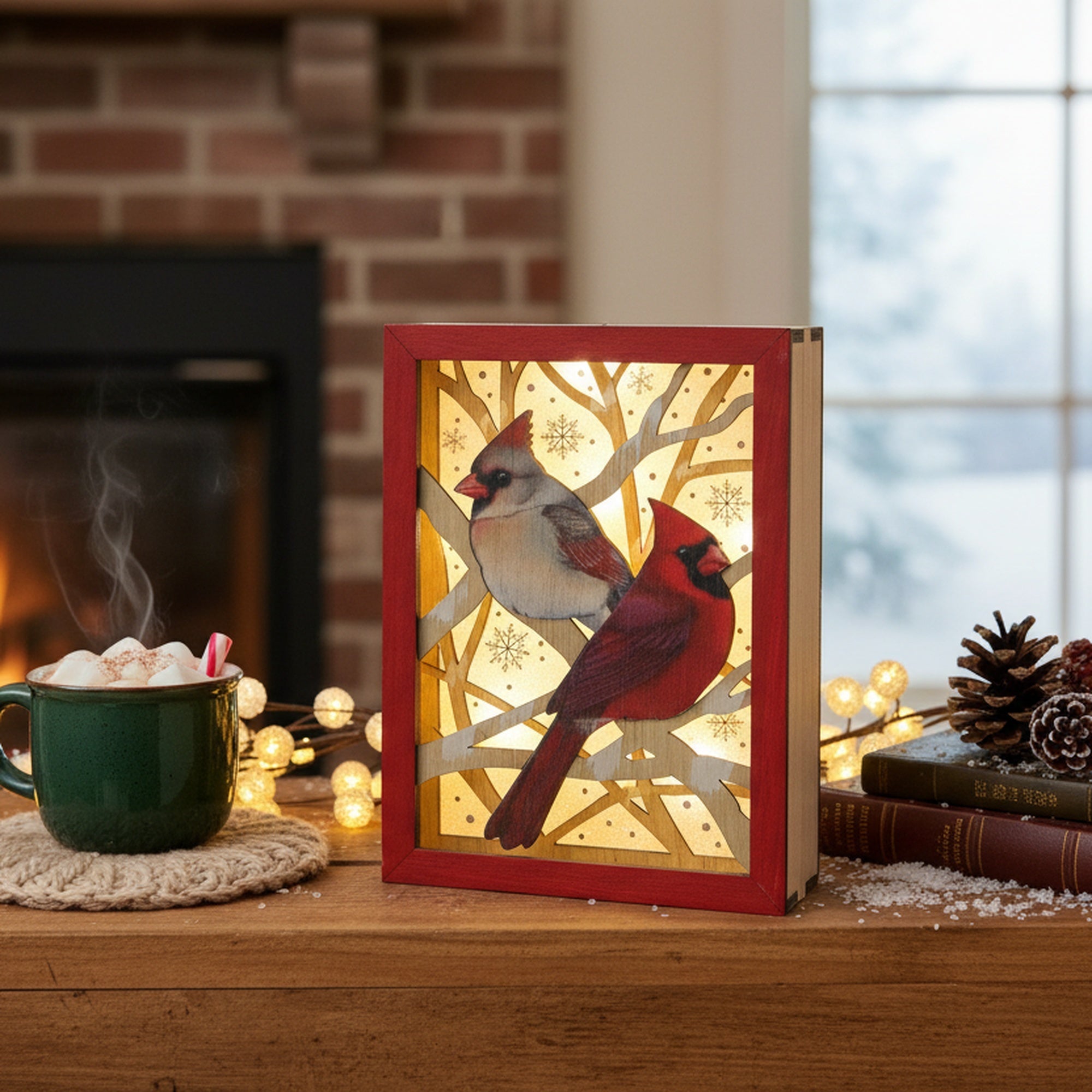LED Wooden Rectangular Framed Table Decor Cardinal, Christmas, Holiday Decor