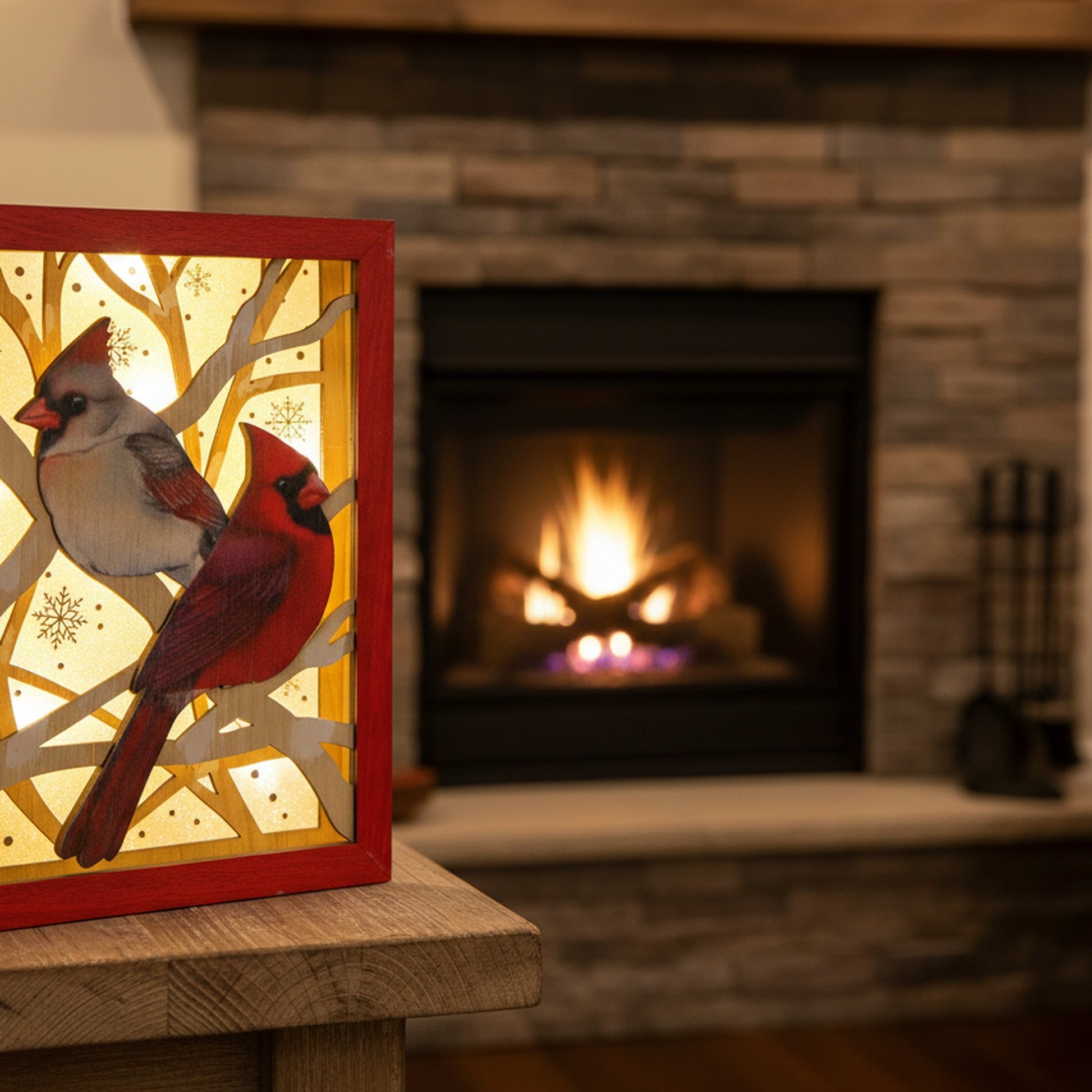 LED Wooden Rectangular Framed Table Decor Cardinal, Christmas, Holiday Decor