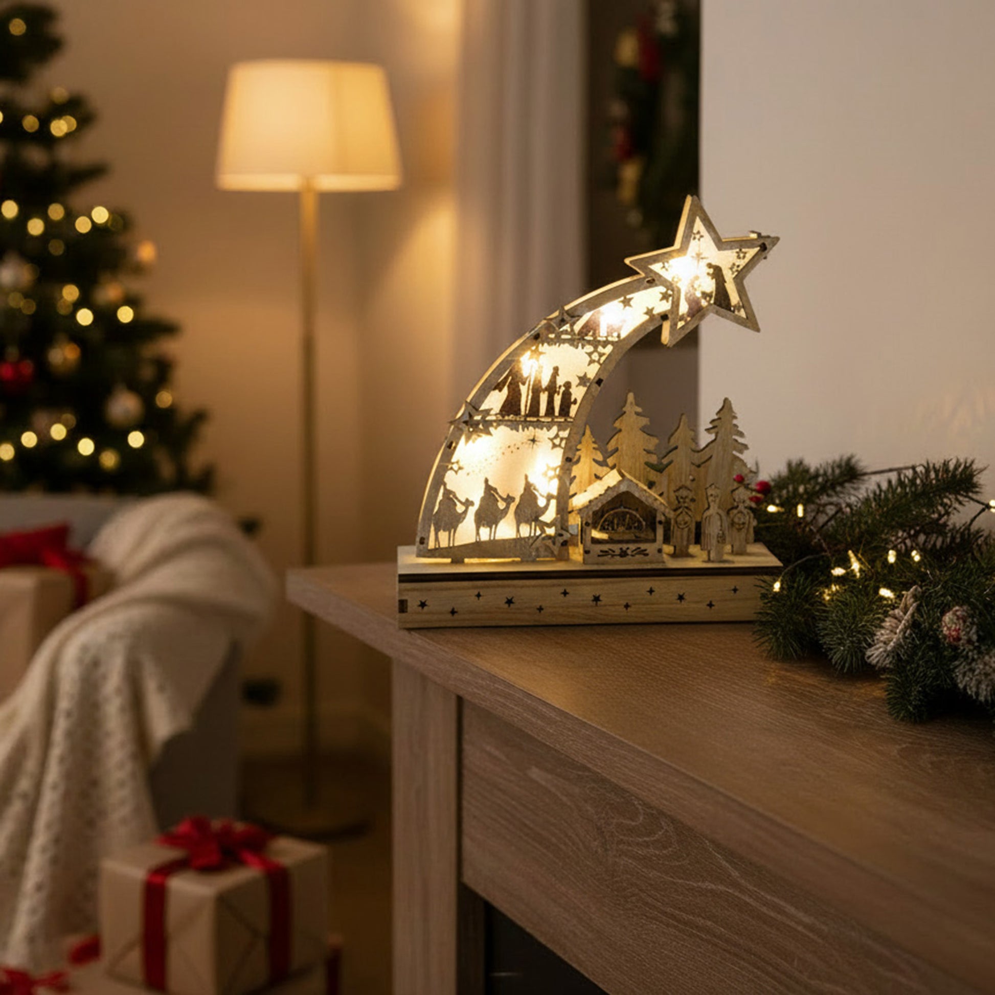 LED Wooden Shooting Star Decor Nativity Scene, Christmas, Figurine, Holiday Decor