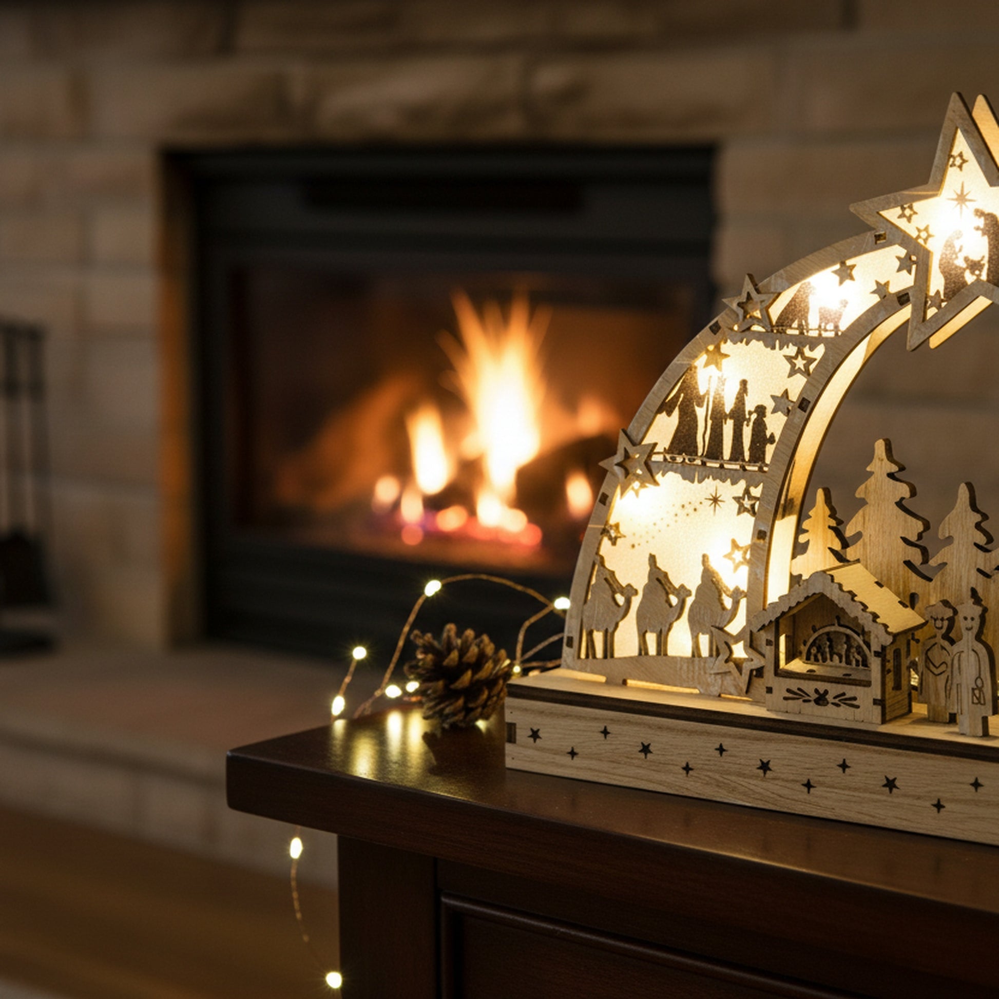 LED Wooden Shooting Star Decor Nativity Scene, Christmas, Figurine, Holiday Decor