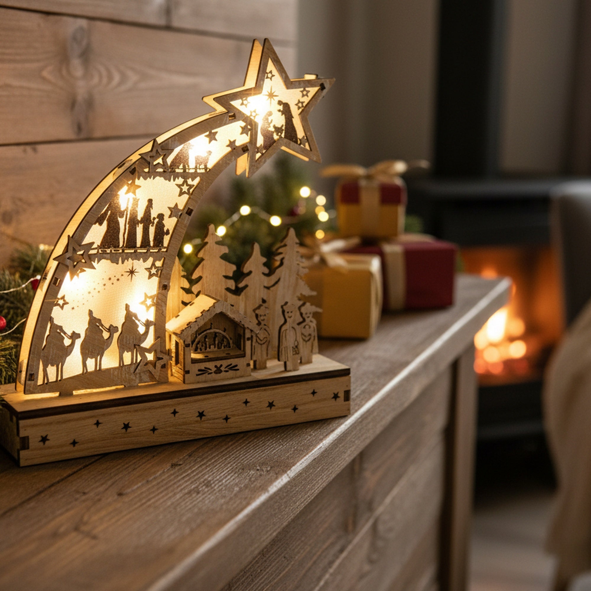 LED Wooden Shooting Star Decor Nativity Scene, Christmas, Figurine, Holiday Decor