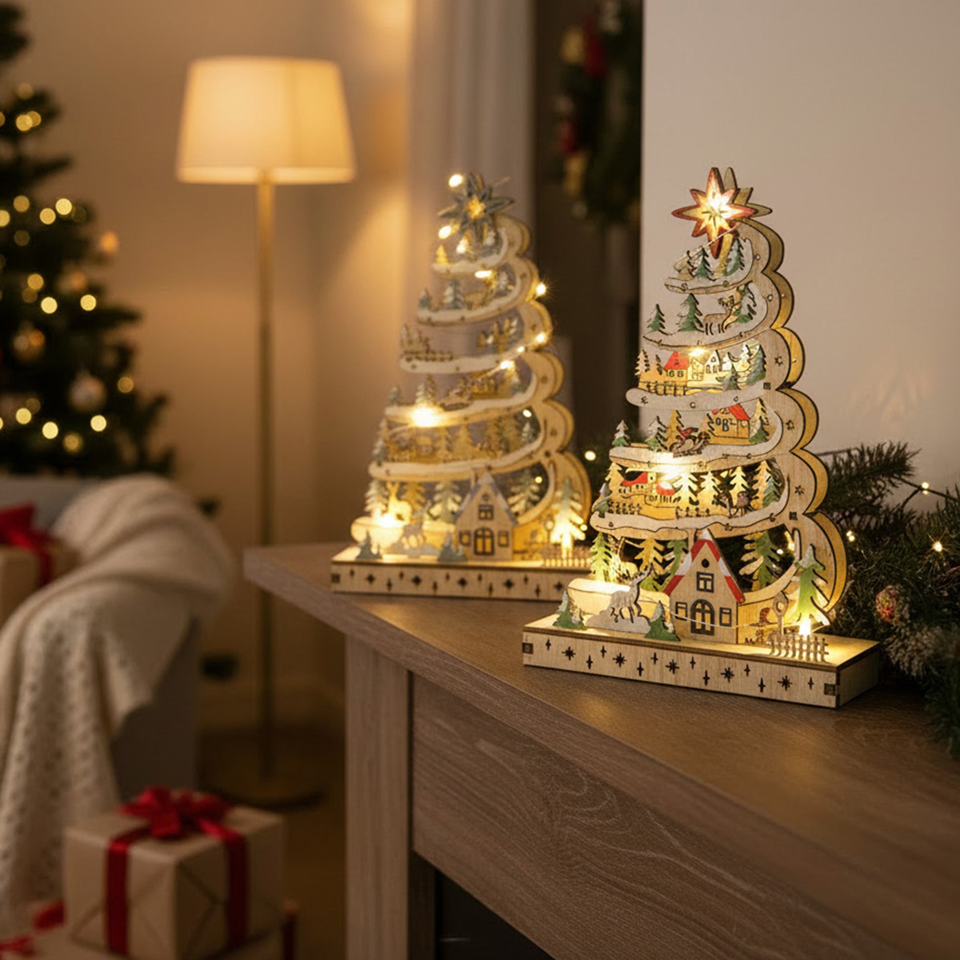 LED Wooden Spiral Christmas Tree Decor Assorted, Christmas, Holiday Decor- Set of 2