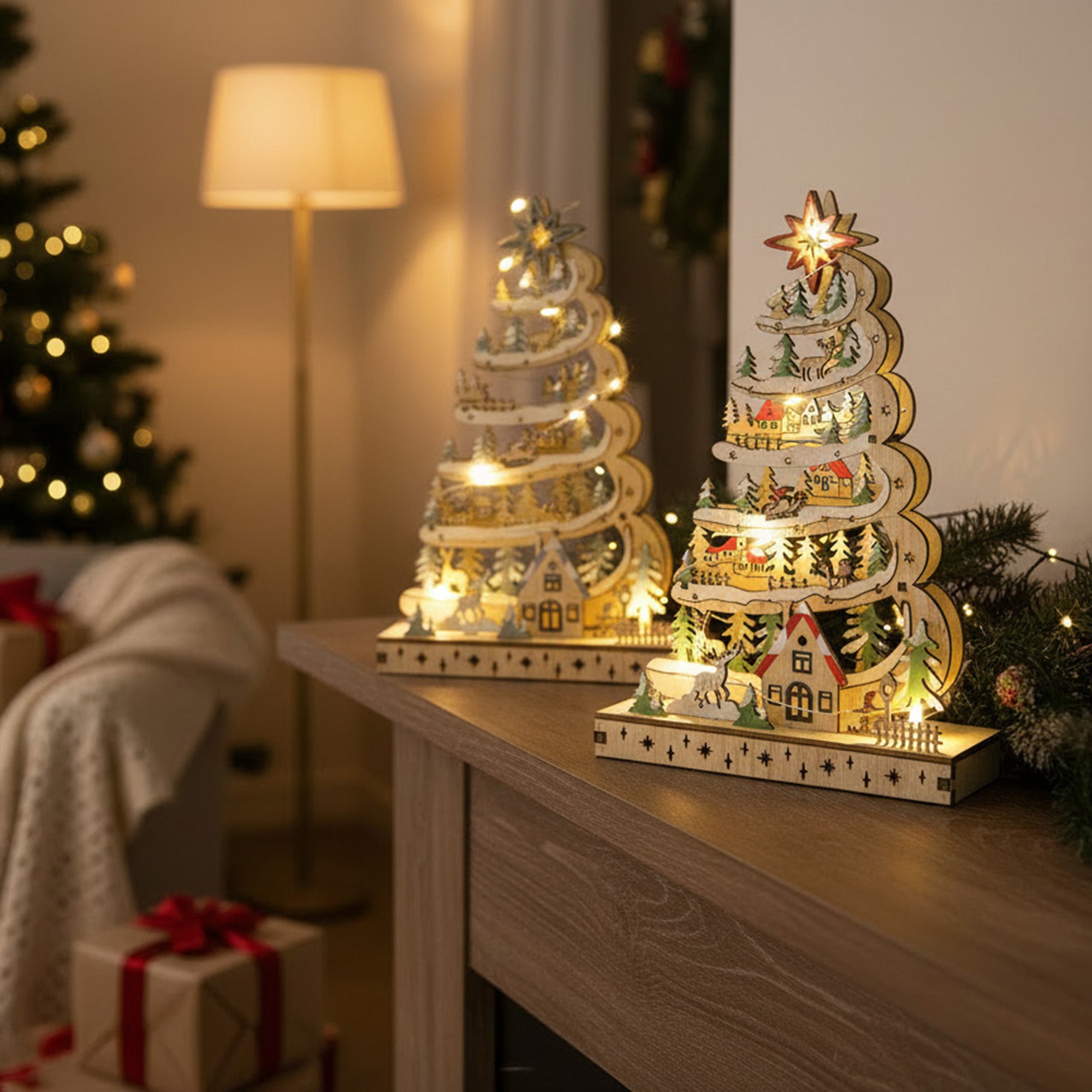 LED Wooden Spiral Christmas Tree Decor Assorted, Christmas, Holiday Decor- Set of 2