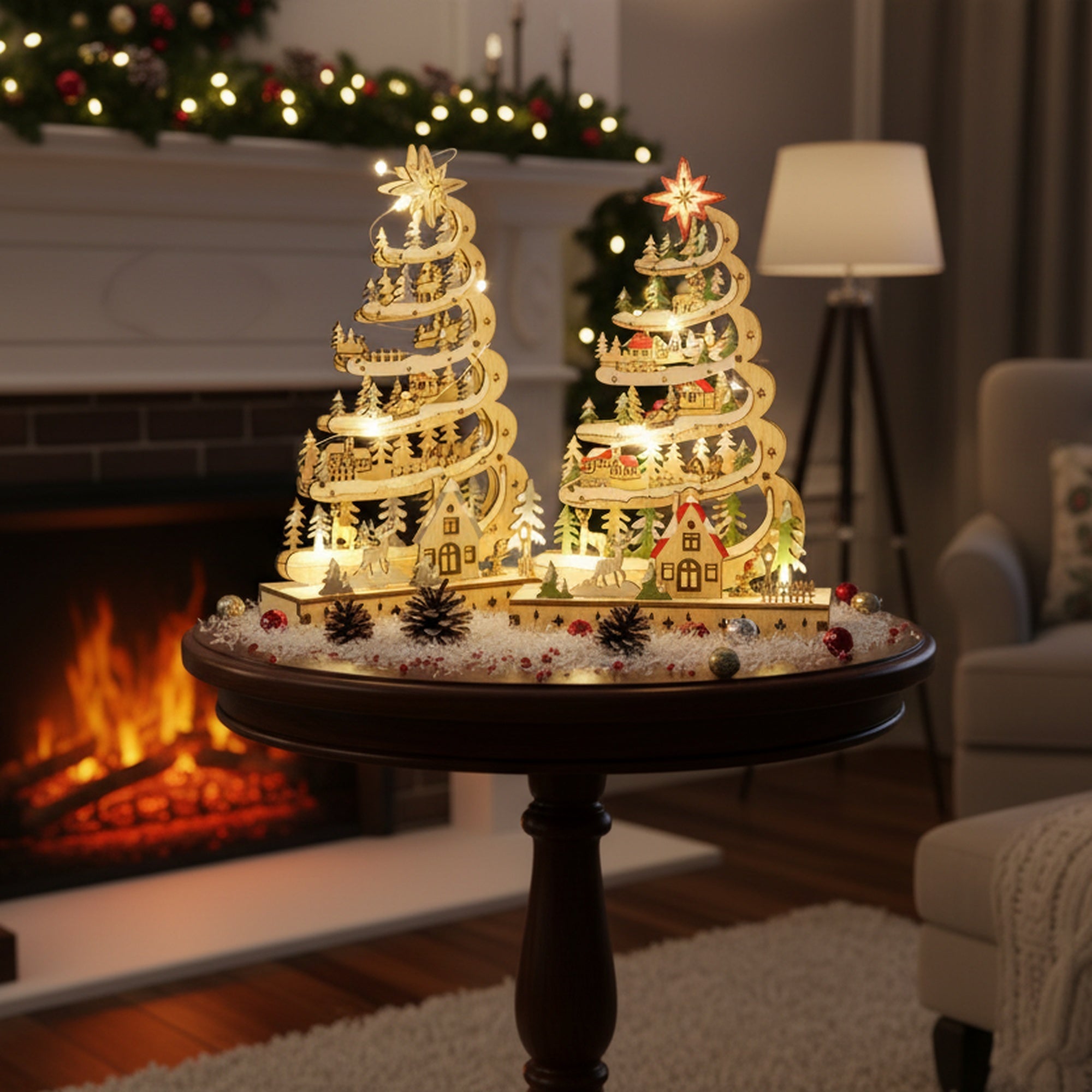 LED Wooden Spiral Christmas Tree Decor Assorted, Christmas, Holiday Decor- Set of 2