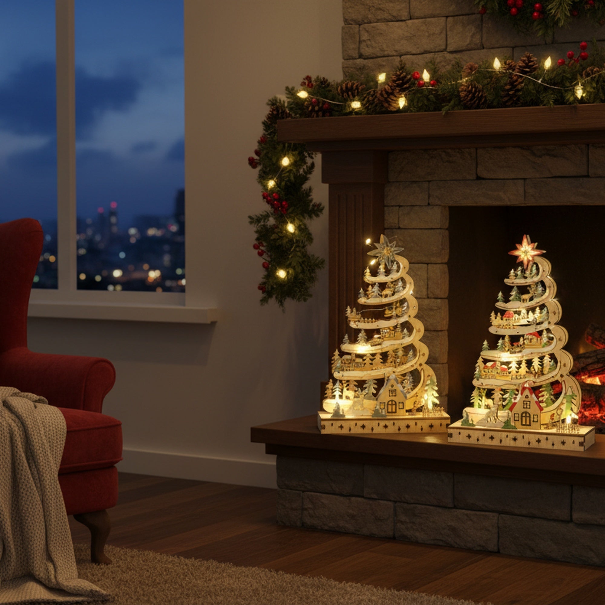 LED Wooden Spiral Christmas Tree Decor Assorted, Christmas, Holiday Decor- Set of 2