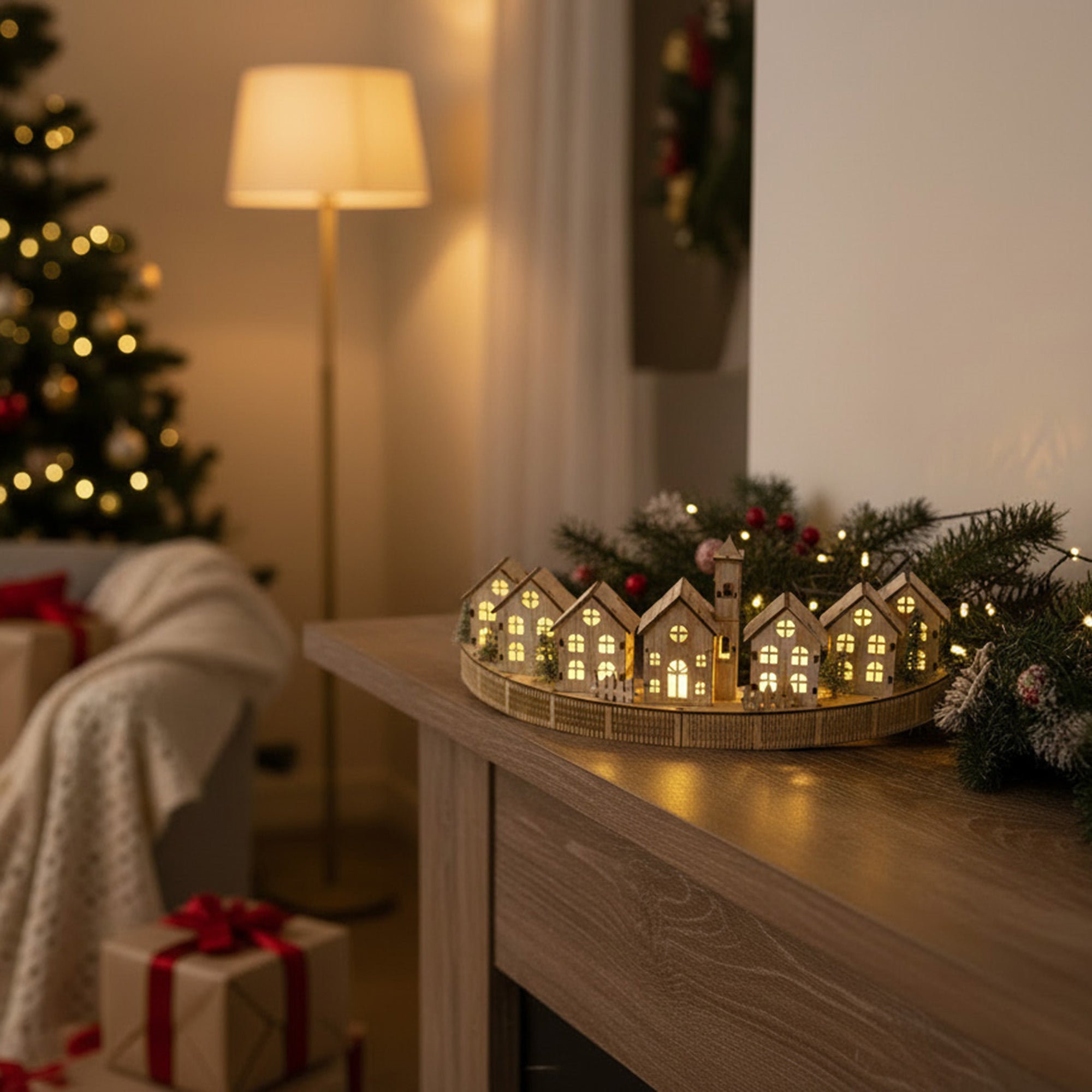 LED Wooden Curved Alpine Village Decor, Winter, Village Decor, Holiday Decor