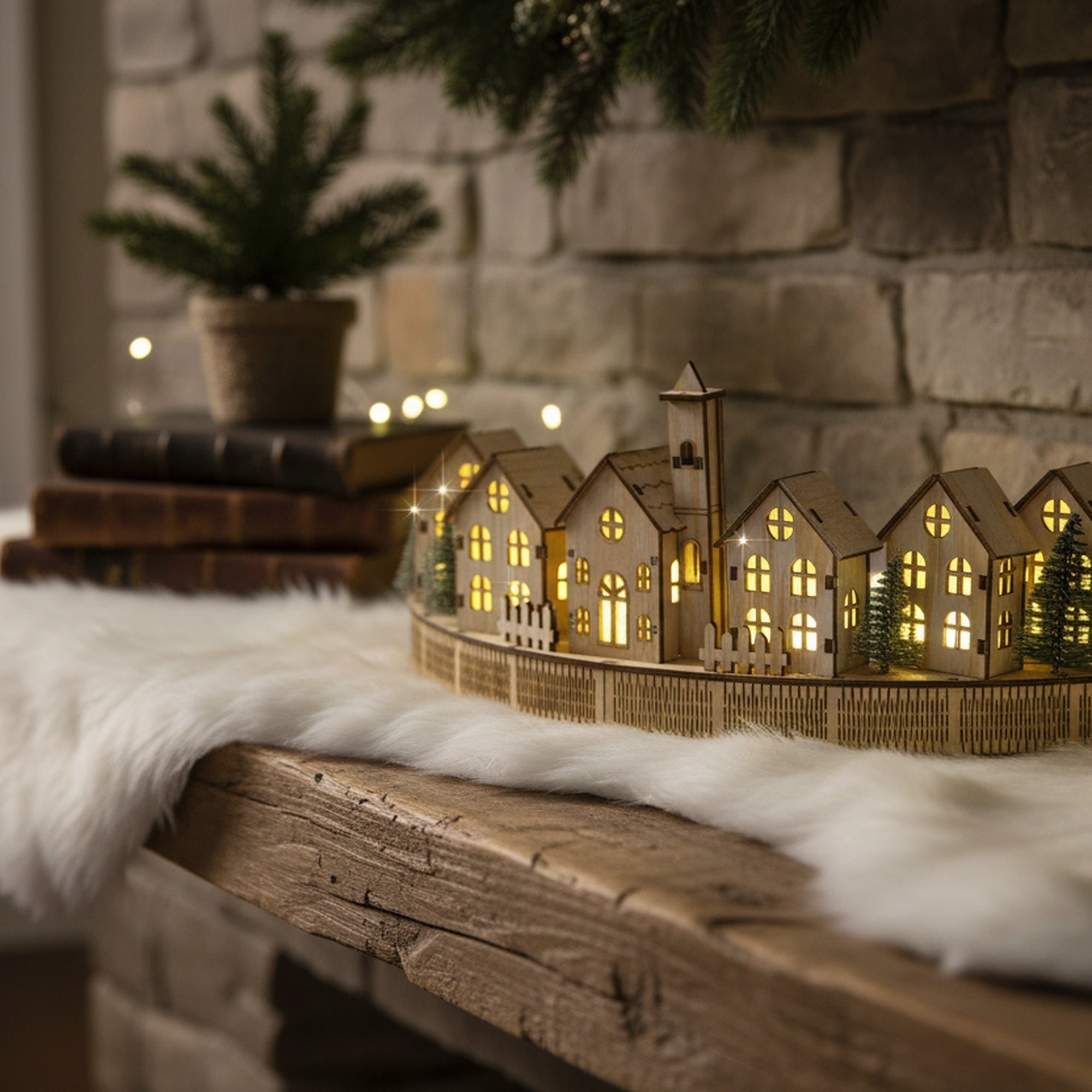 LED Wooden Curved Alpine Village Decor, Winter, Village Decor, Holiday Decor