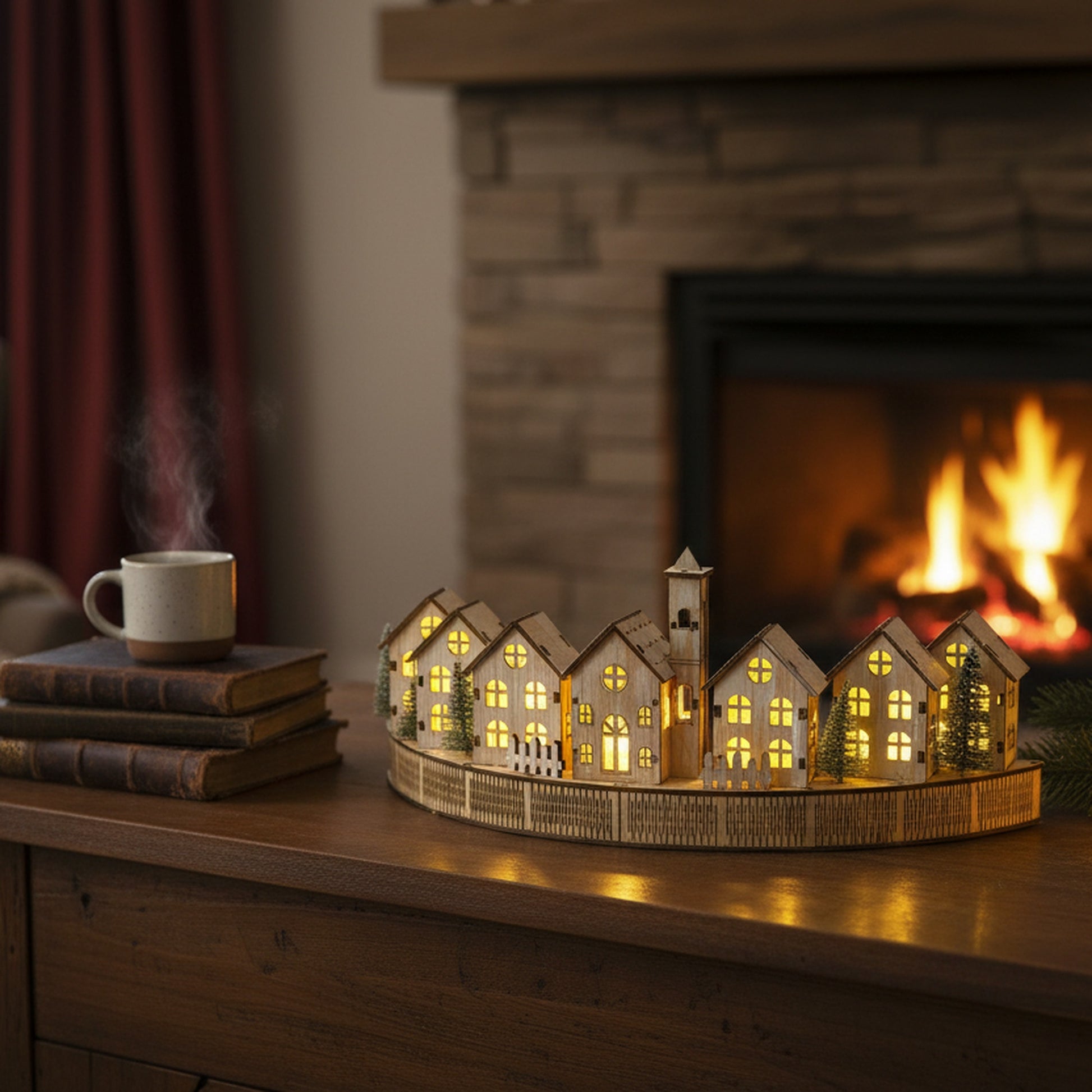 LED Wooden Curved Alpine Village Decor, Winter, Village Decor, Holiday Decor