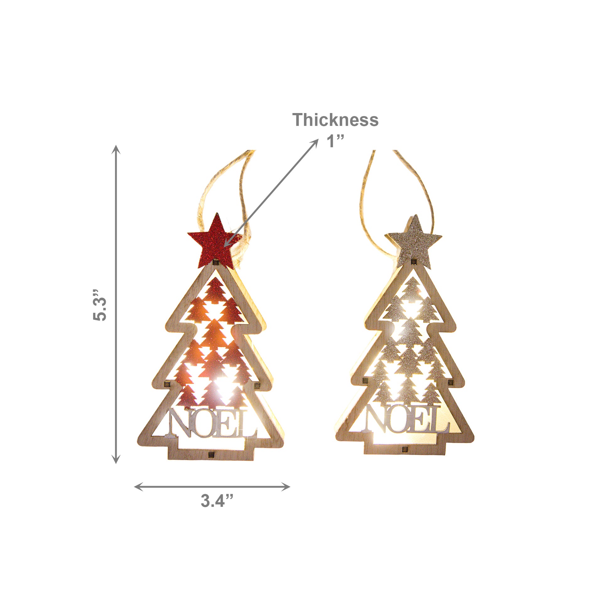 LED Wooden Ornament Tree Noel Assorted, Christmas, Ornament, Holiday Decor- Set of 2