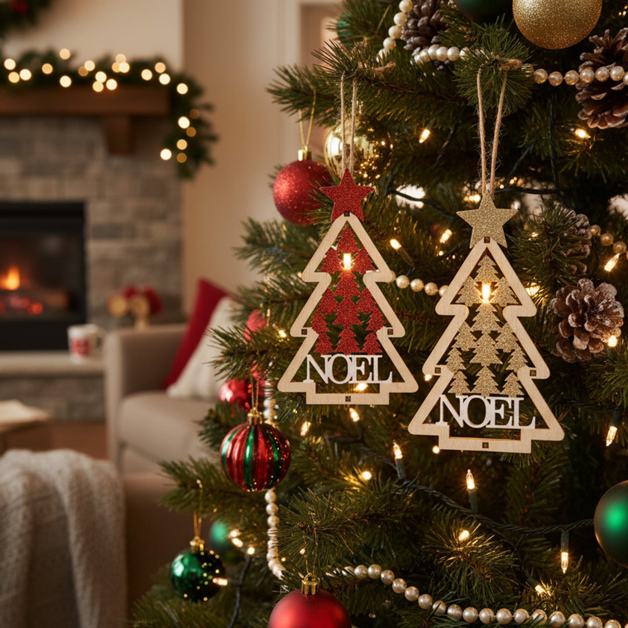 LED Wooden Ornament Tree Noel Assorted, Christmas, Ornament, Holiday Decor- Set of 2