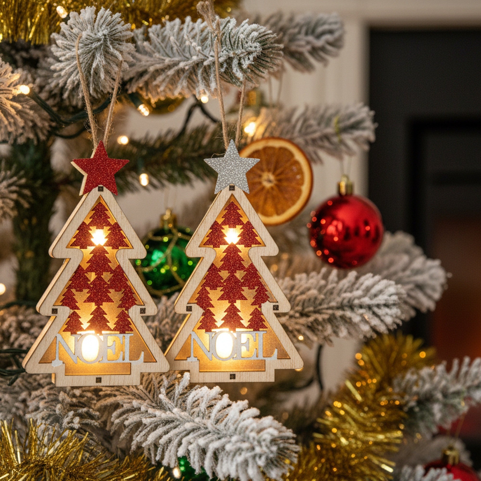 LED Wooden Ornament Tree Noel Assorted, Christmas, Ornament, Holiday Decor- Set of 2
