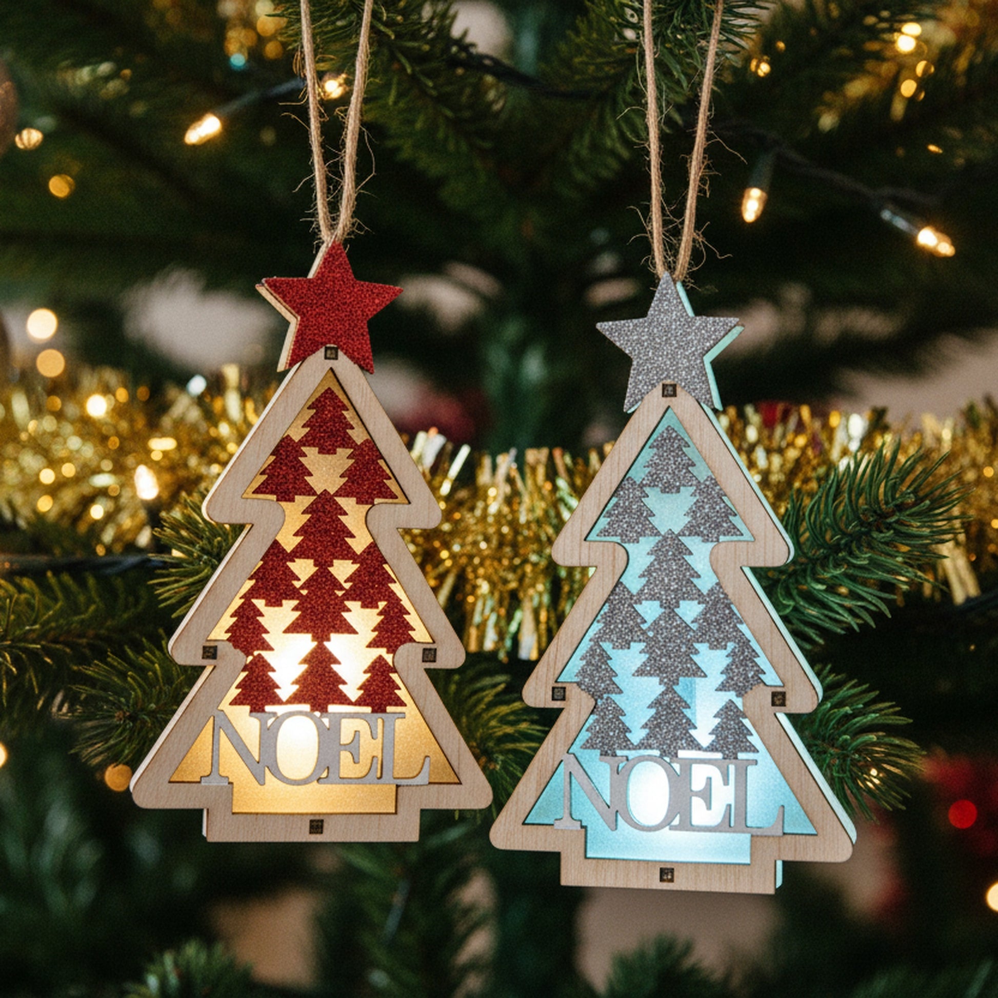 LED Wooden Ornament Tree Noel Assorted, Christmas, Ornament, Holiday Decor- Set of 2
