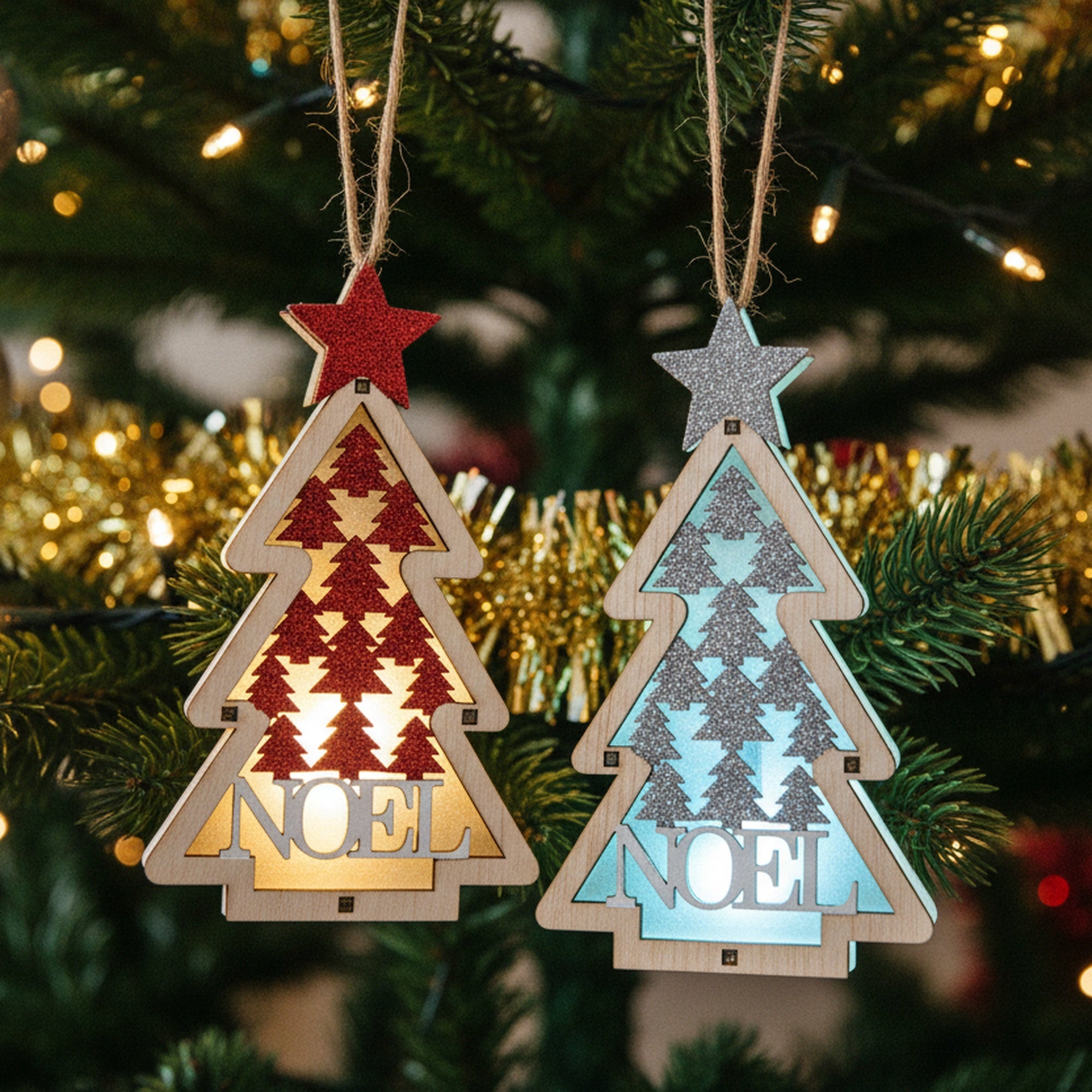 LED Wooden Ornament Tree Noel Assorted, Christmas, Ornament, Holiday Decor- Set of 2