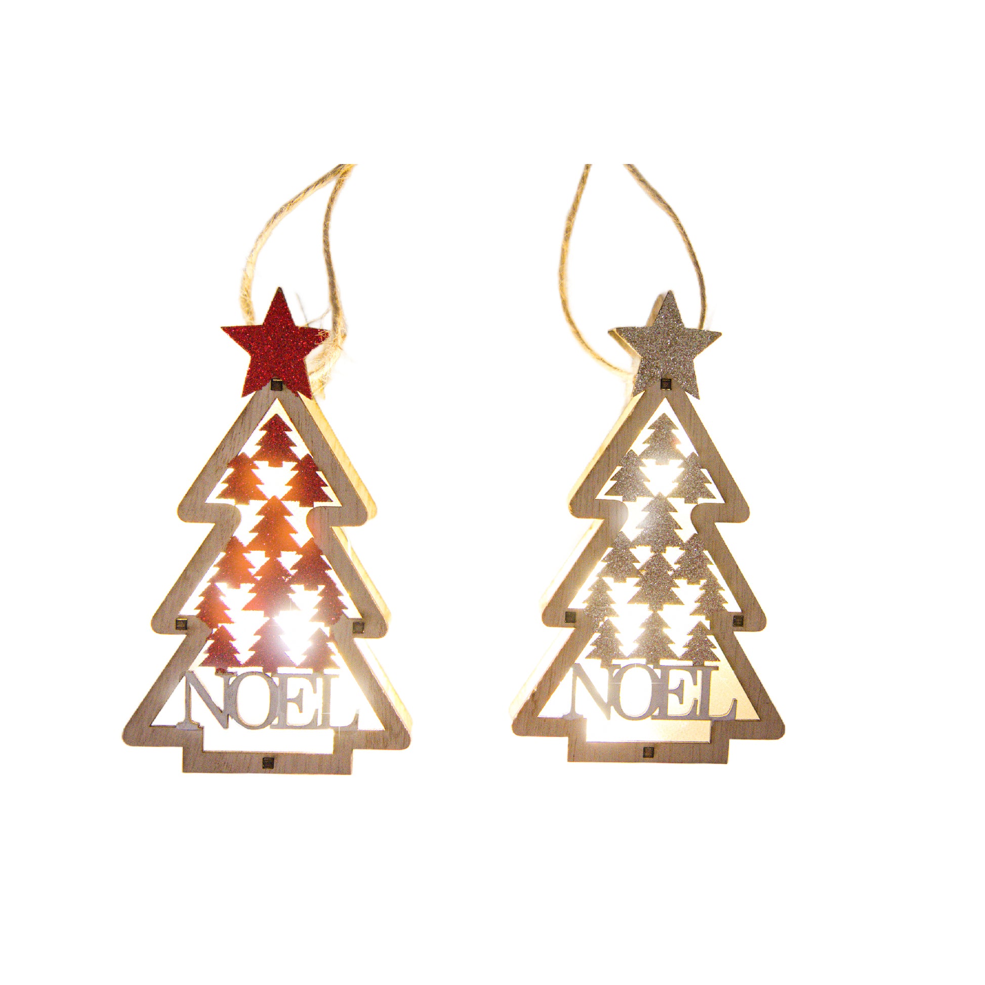 LED Wooden Ornament Tree Noel Assorted, Christmas, Ornament, Holiday Decor- Set of 2