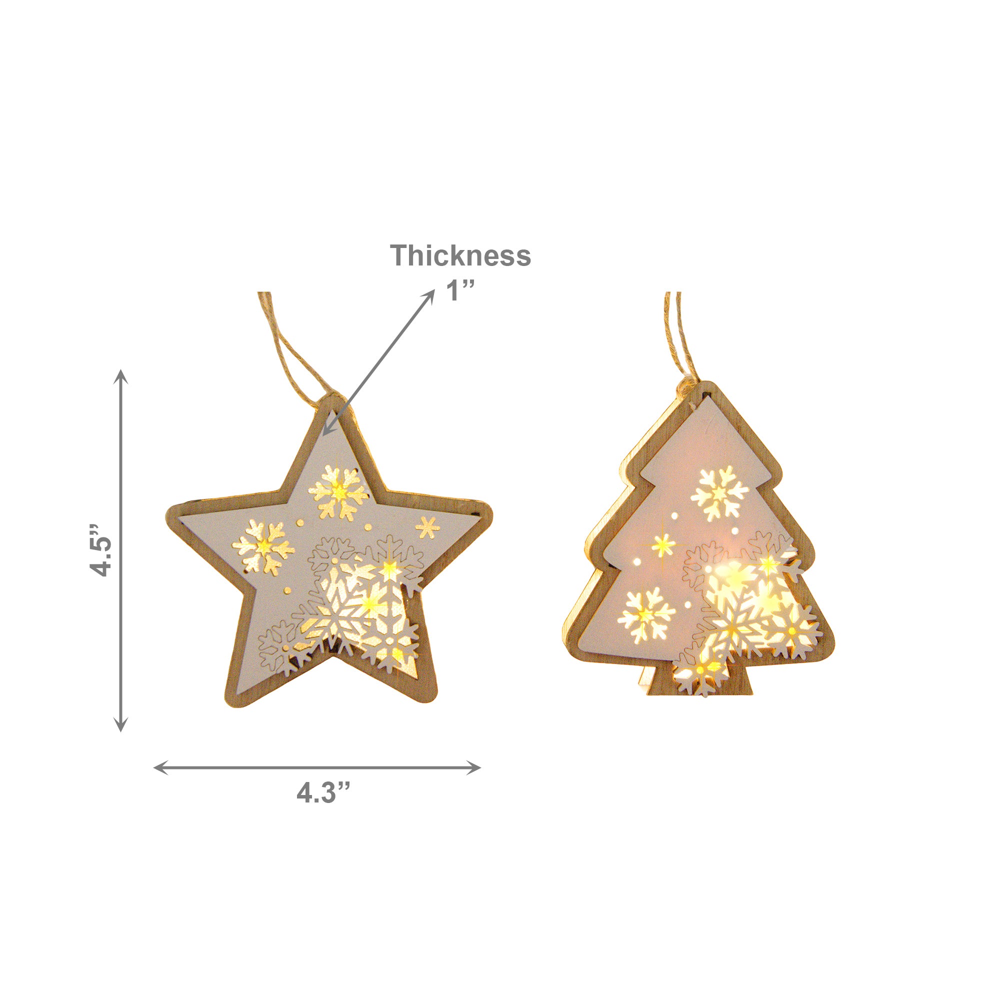 LED Wooden Ornament Tree / Star Assorted, Ornament, Holiday Decor- Set of 2