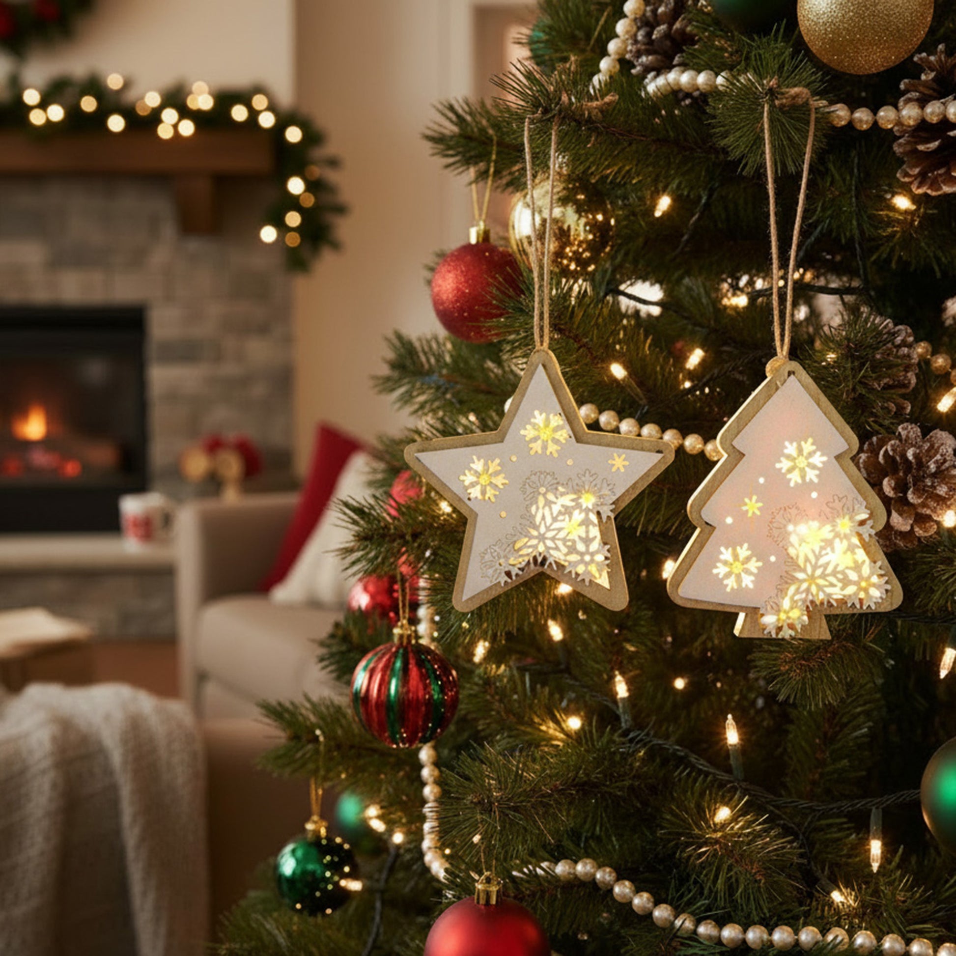 LED Wooden Ornament Tree / Star Assorted, Ornament, Holiday Decor- Set of 2