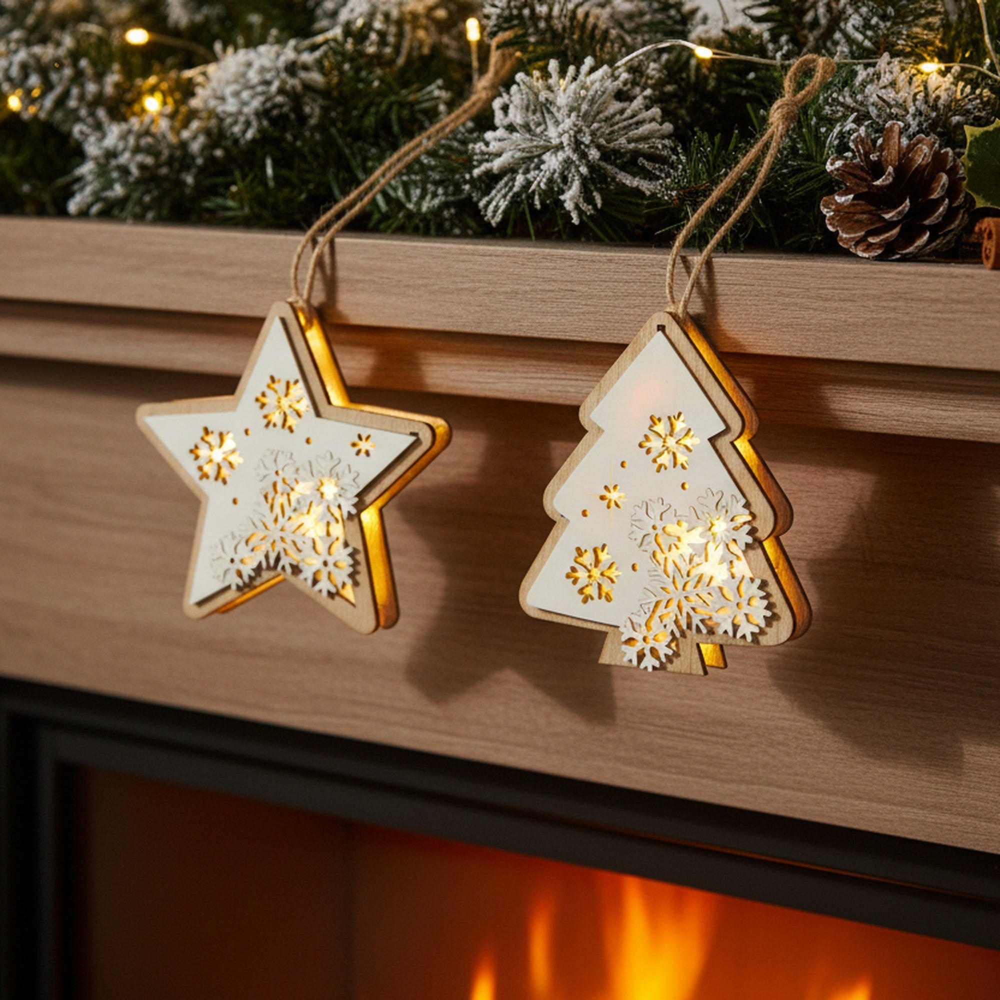 LED Wooden Ornament Tree / Star Assorted, Ornament, Holiday Decor- Set of 2