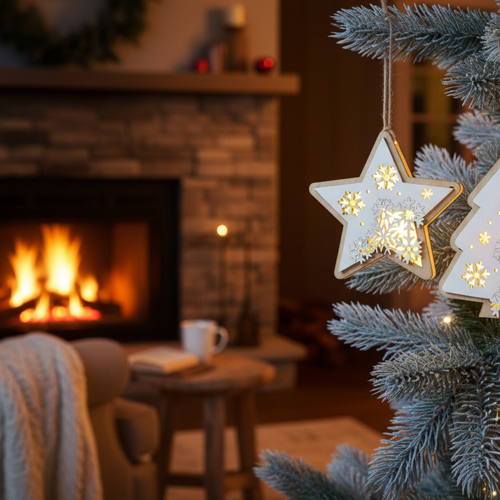 LED Wooden Ornament Tree / Star Assorted, Ornament, Holiday Decor- Set of 2