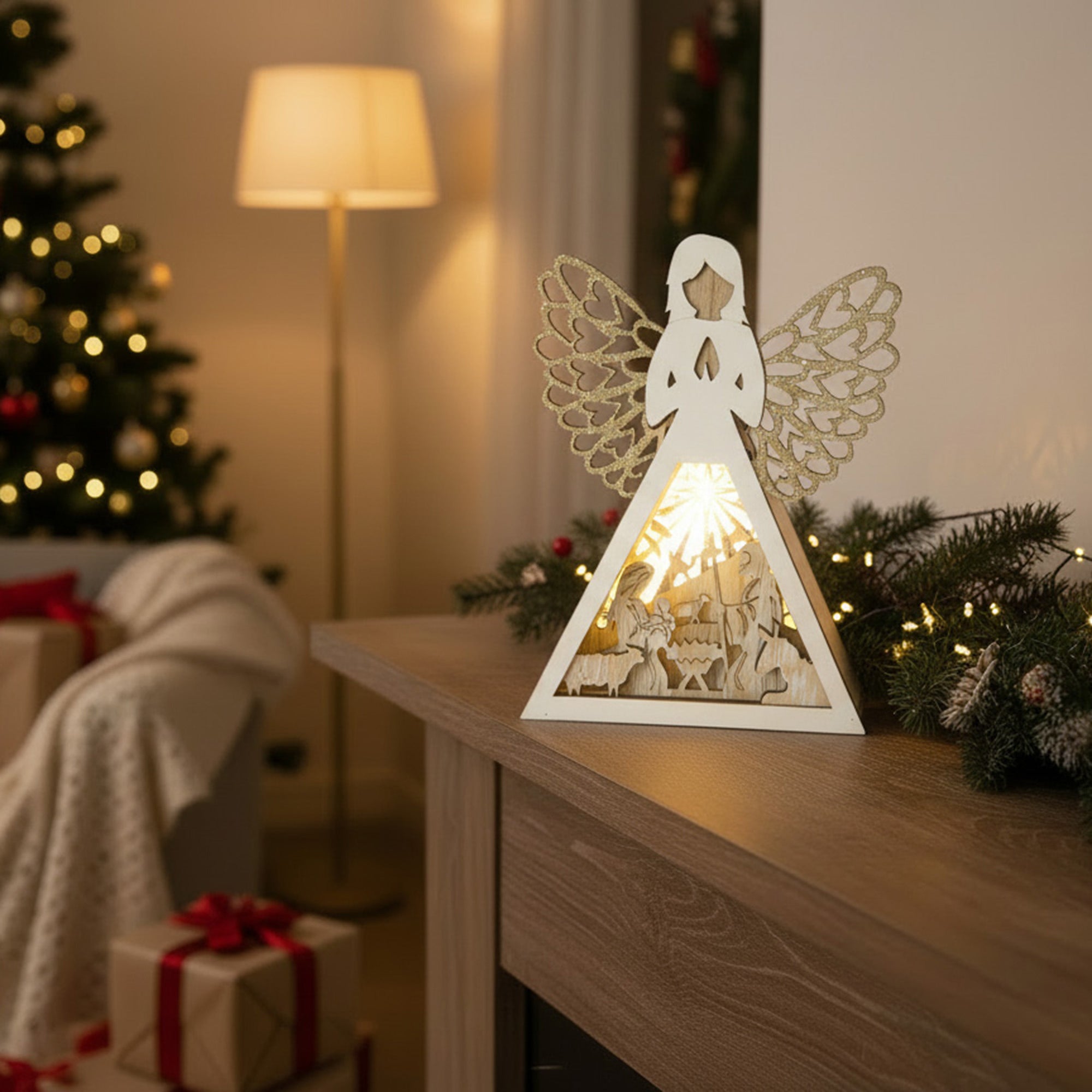 11" LED Wooden Angel Decor Nativity Scene, Christmas, Figurine, Holiday Decor