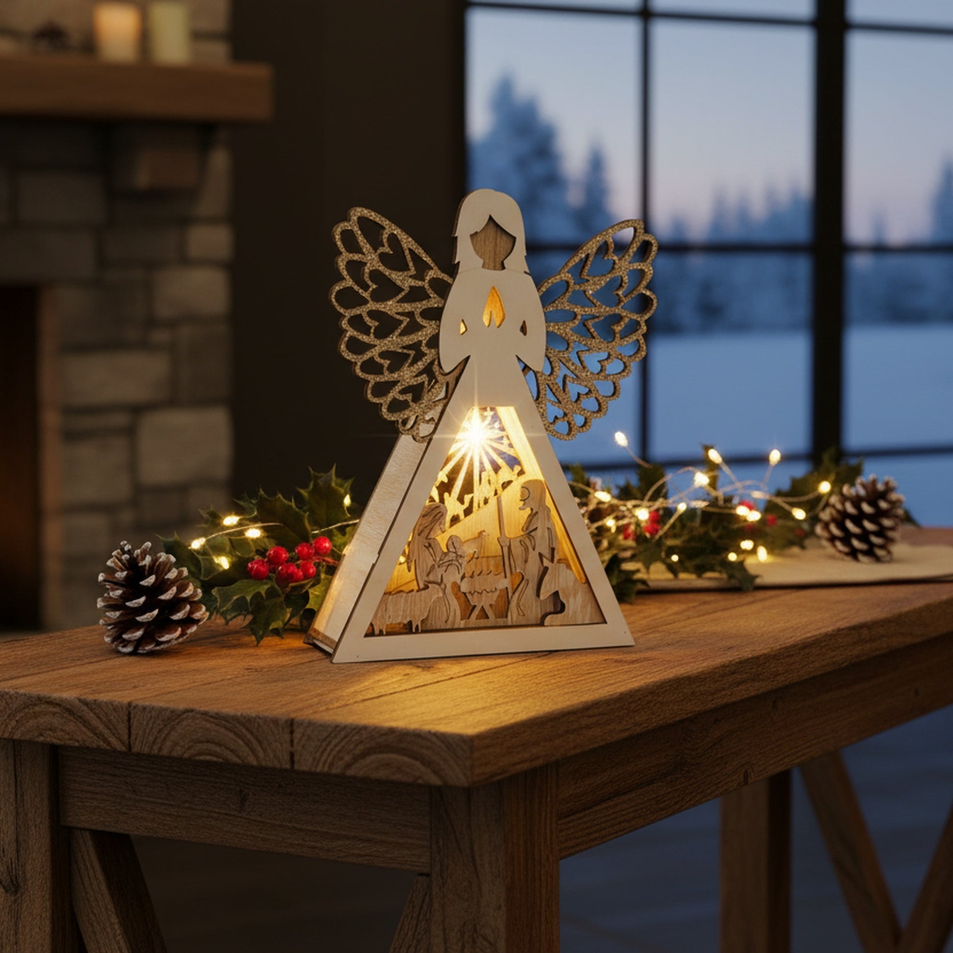 11" LED Wooden Angel Decor Nativity Scene, Christmas, Figurine, Holiday Decor