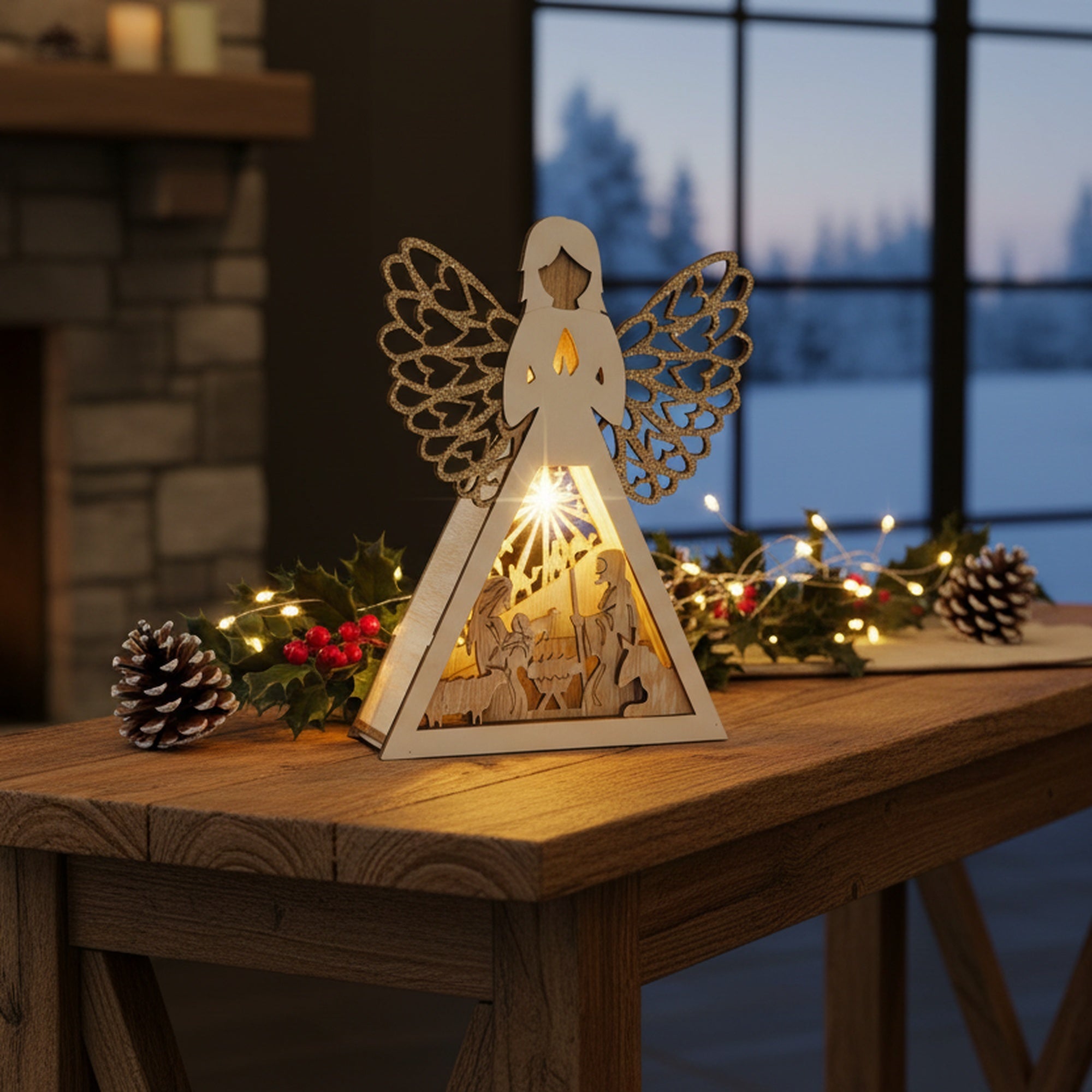 11" LED Wooden Angel Decor Nativity Scene, Christmas, Figurine, Holiday Decor
