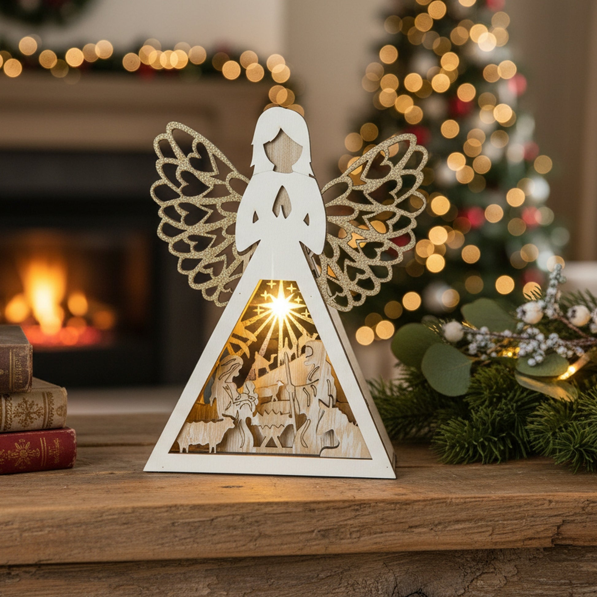 11" LED Wooden Angel Decor Nativity Scene, Christmas, Figurine, Holiday Decor