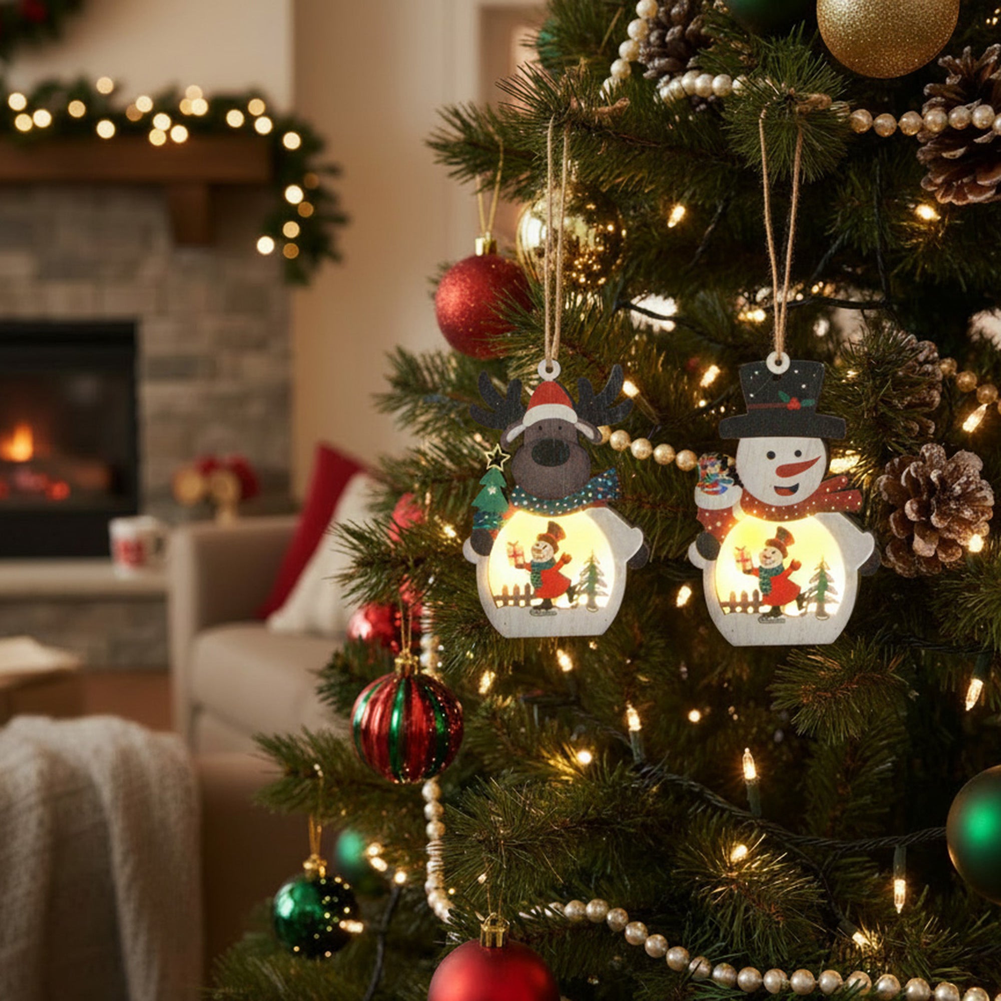 LED Wooden Ornament Ice Skating Assorted, Ornament, Holiday Decor- Set of 12
