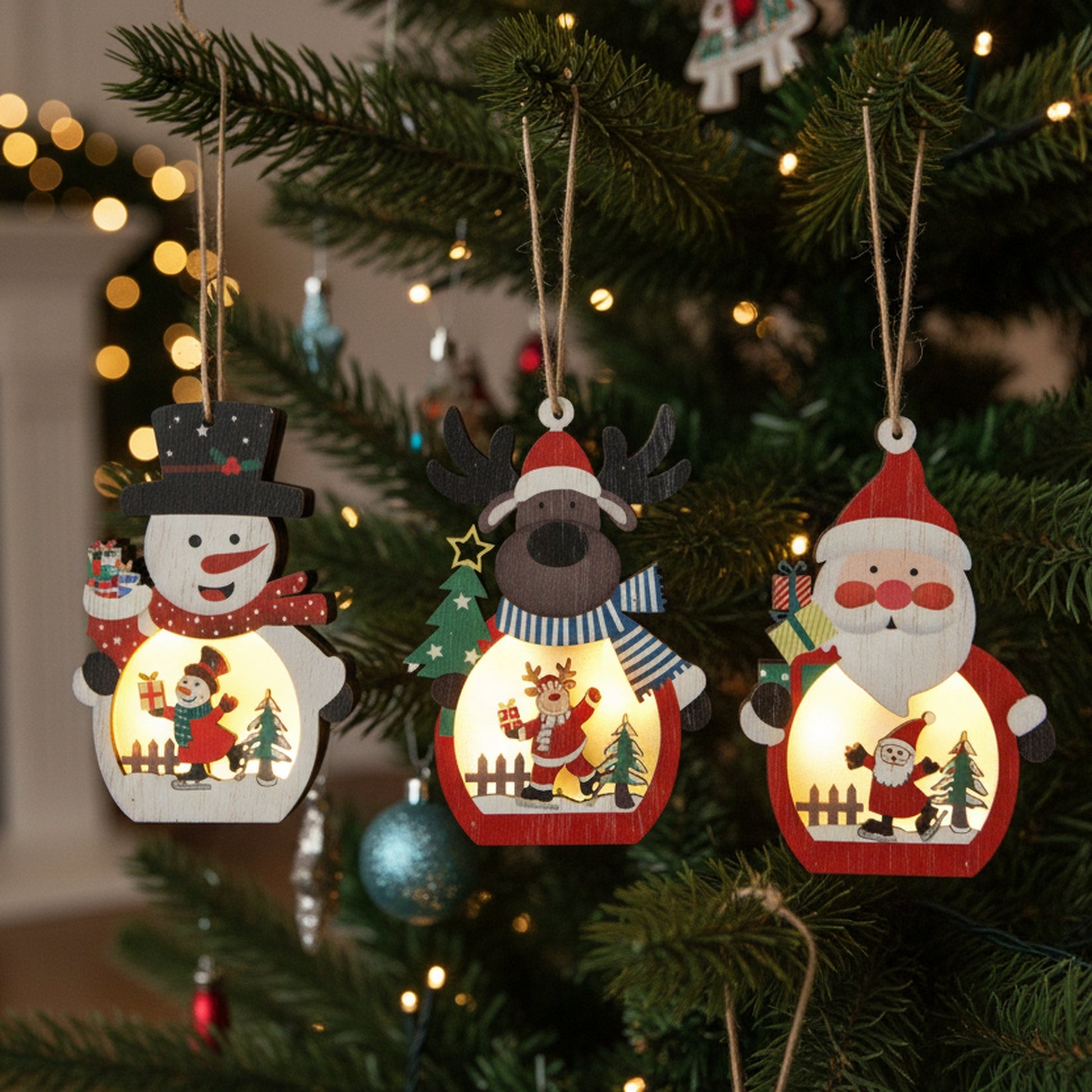 LED Wooden Ornament Ice Skating Assorted, Ornament, Holiday Decor- Set of 12