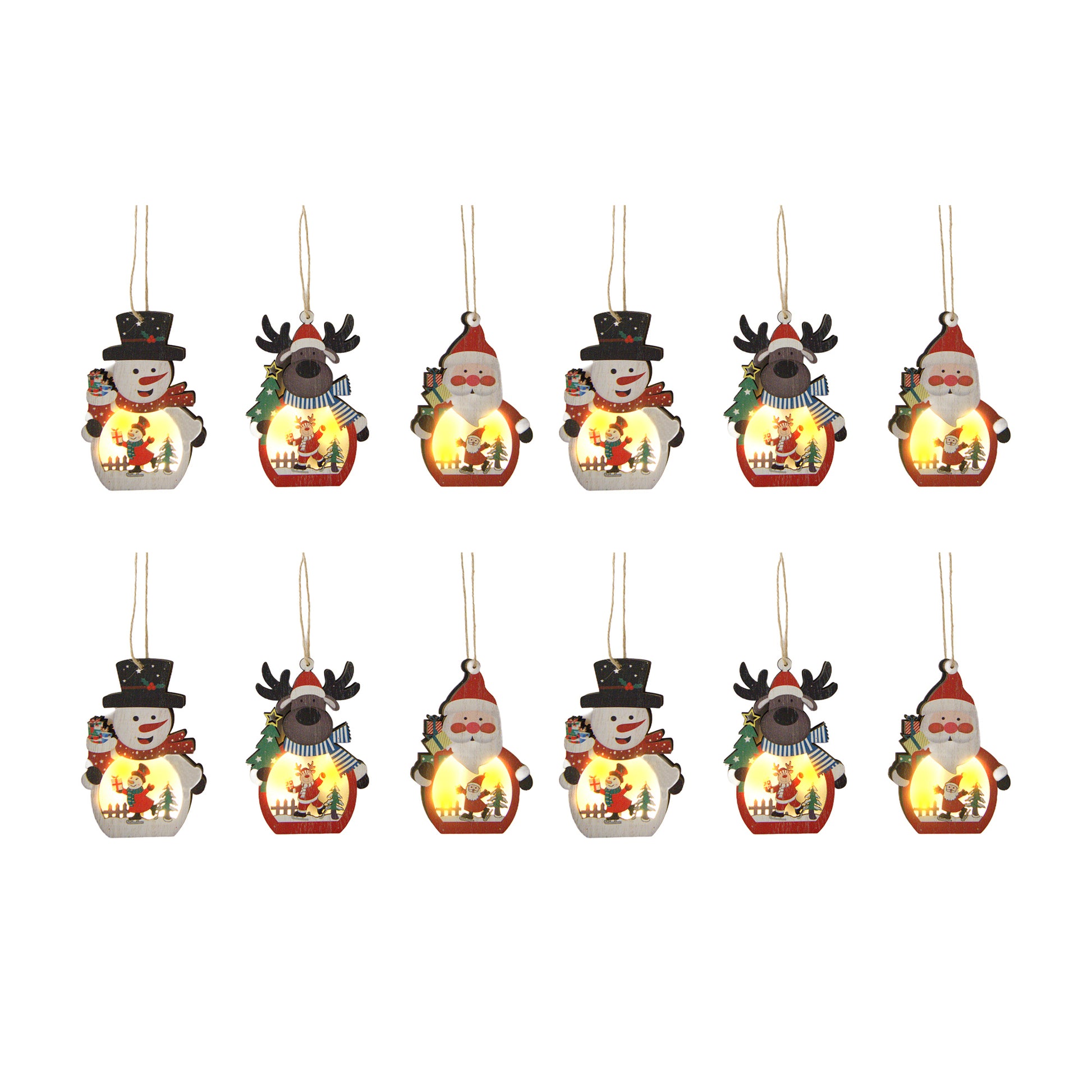 LED Wooden Ornament Ice Skating Assorted, Ornament, Holiday Decor- Set of 12