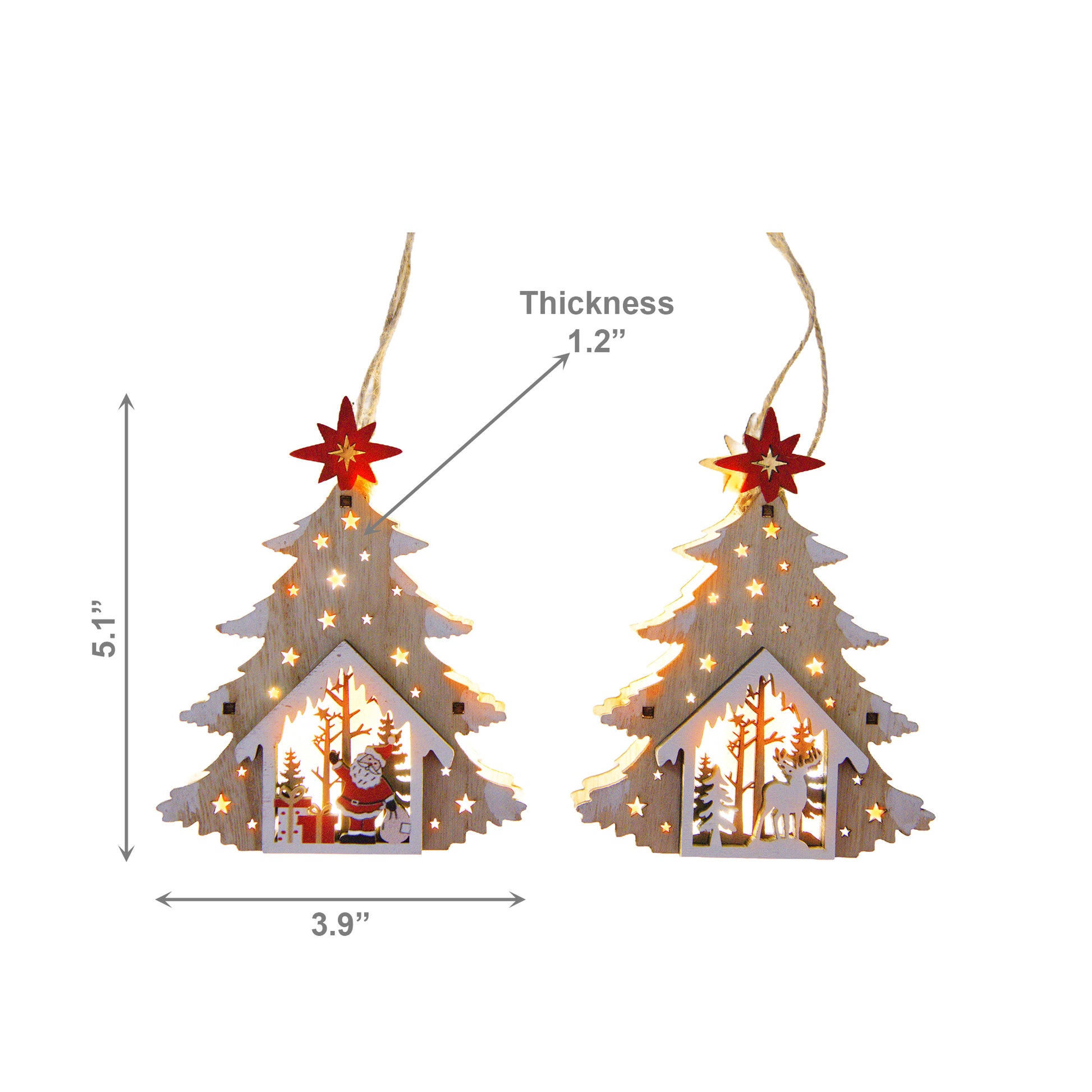 LED Wooden Ornament Tree Reindeer / Santa Assorted, Christmas, Ornament, Holiday Decor- Set of 12