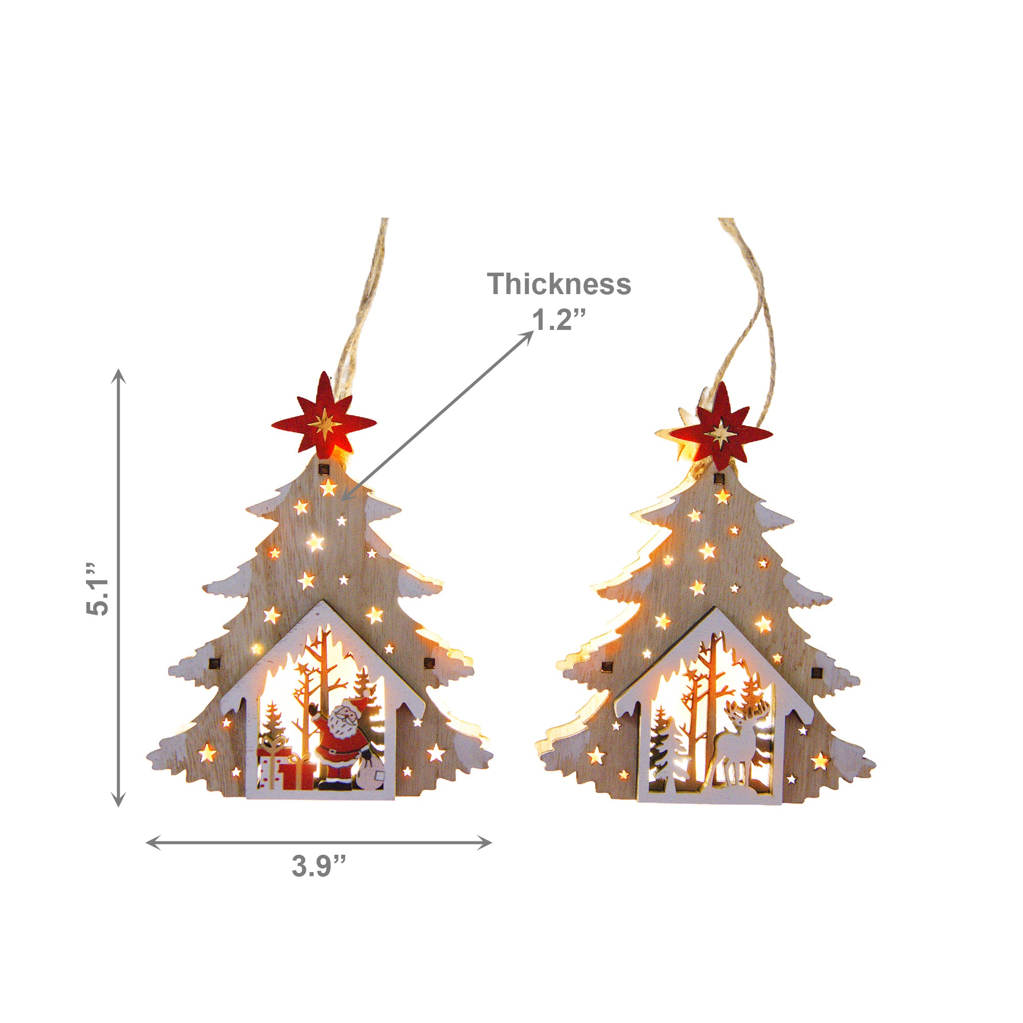 LED Wooden Ornament Tree Reindeer / Santa Assorted, Christmas, Ornament, Holiday Decor- Set of 12