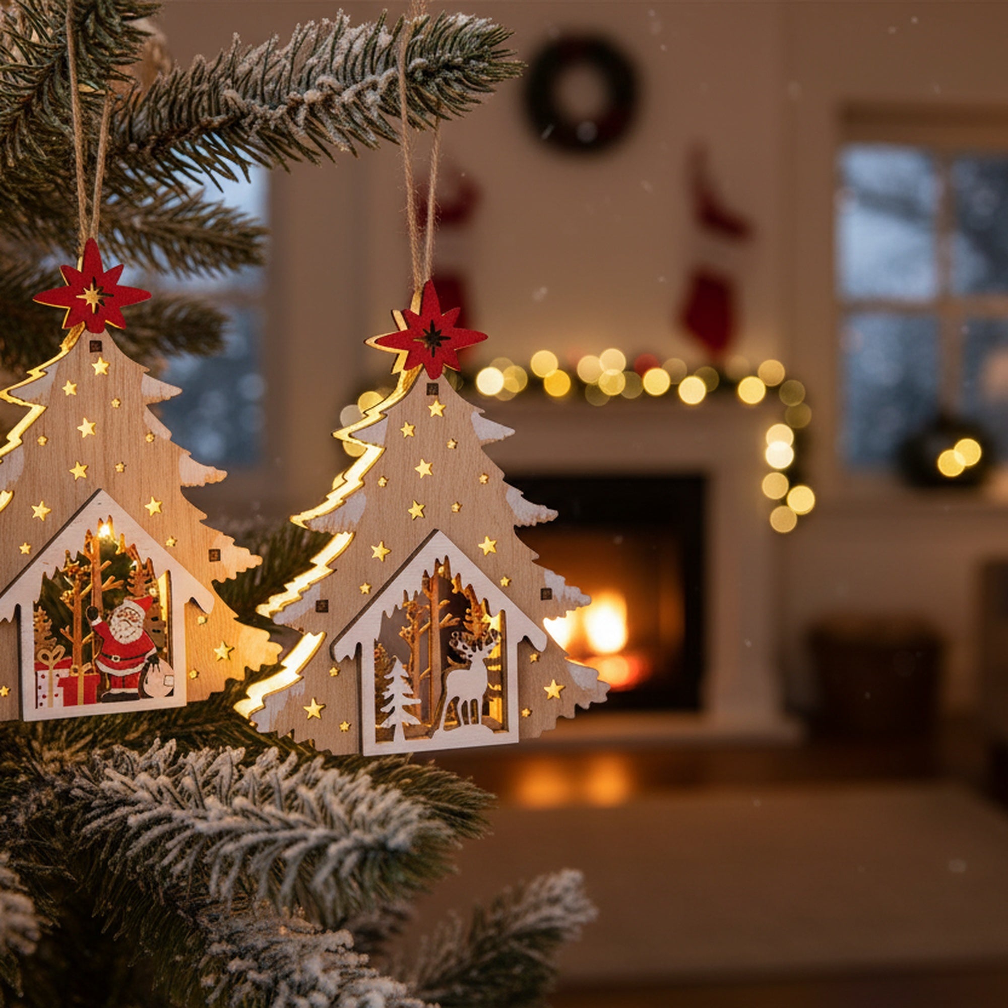 LED Wooden Ornament Tree Reindeer / Santa Assorted, Christmas, Ornament, Holiday Decor- Set of 12